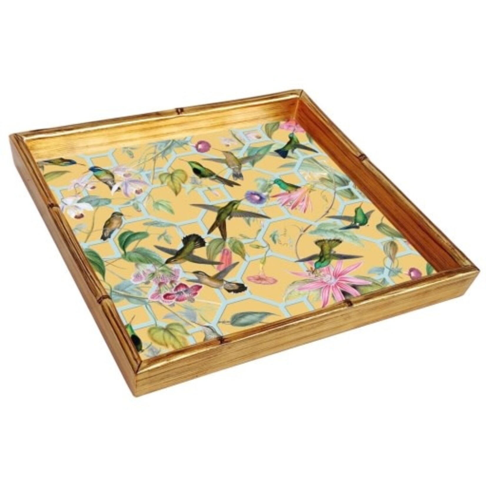 Caspari Hummingbird Trellis Gold Bamboo Edge Square Lacquer Tray