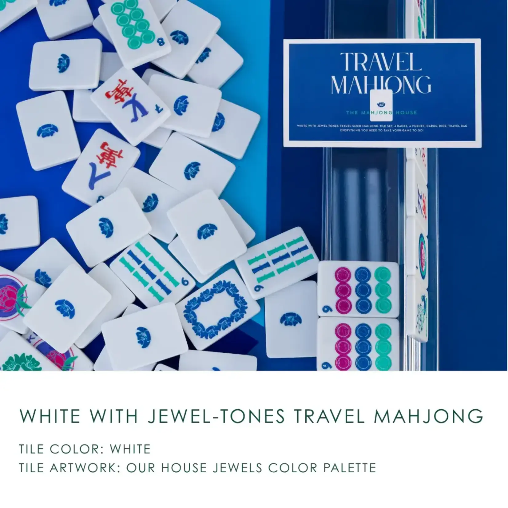 The Mahjong House White with Jewel-Tones Travel Mahjong Set