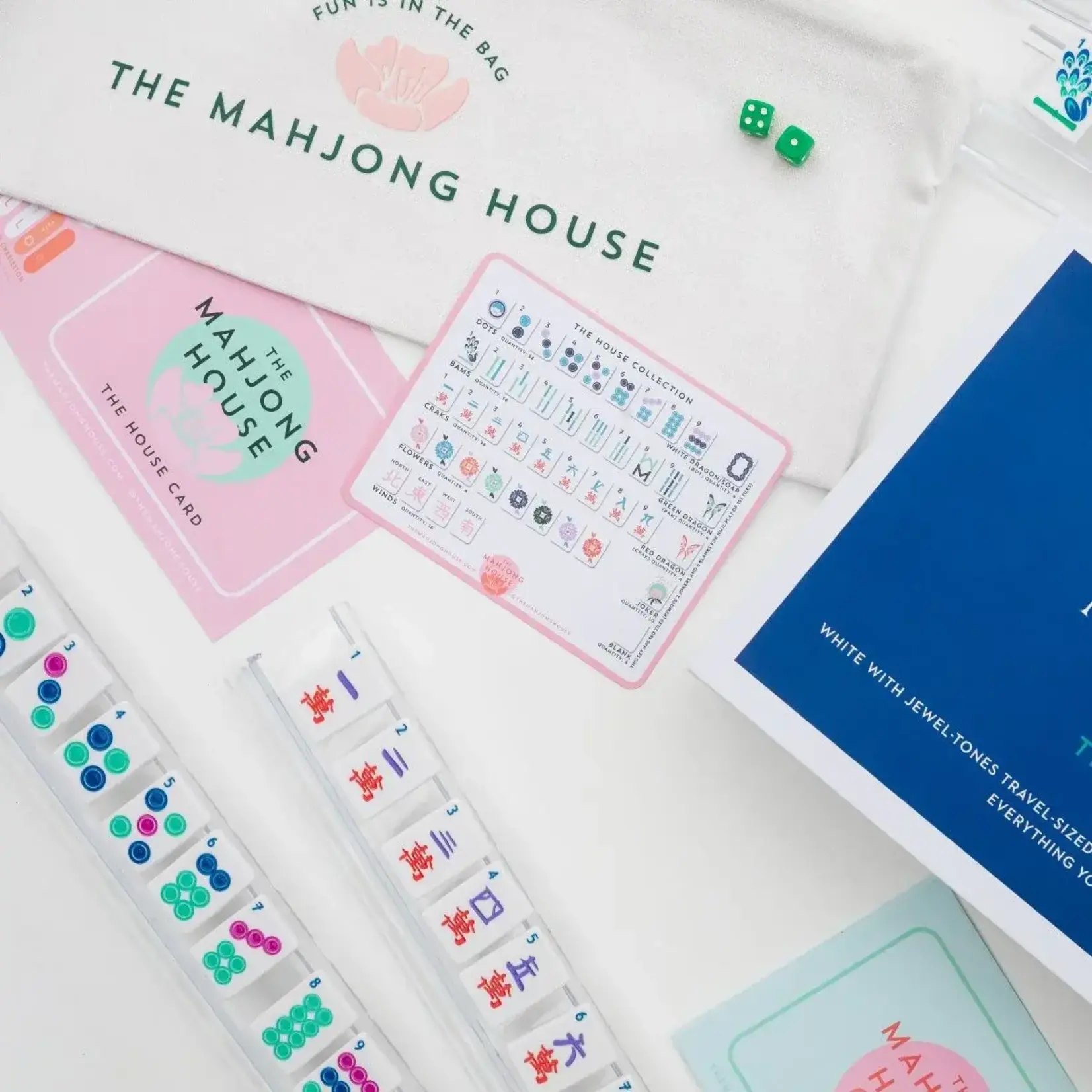 The Mahjong House White with Jewel-Tones Travel Mahjong Set