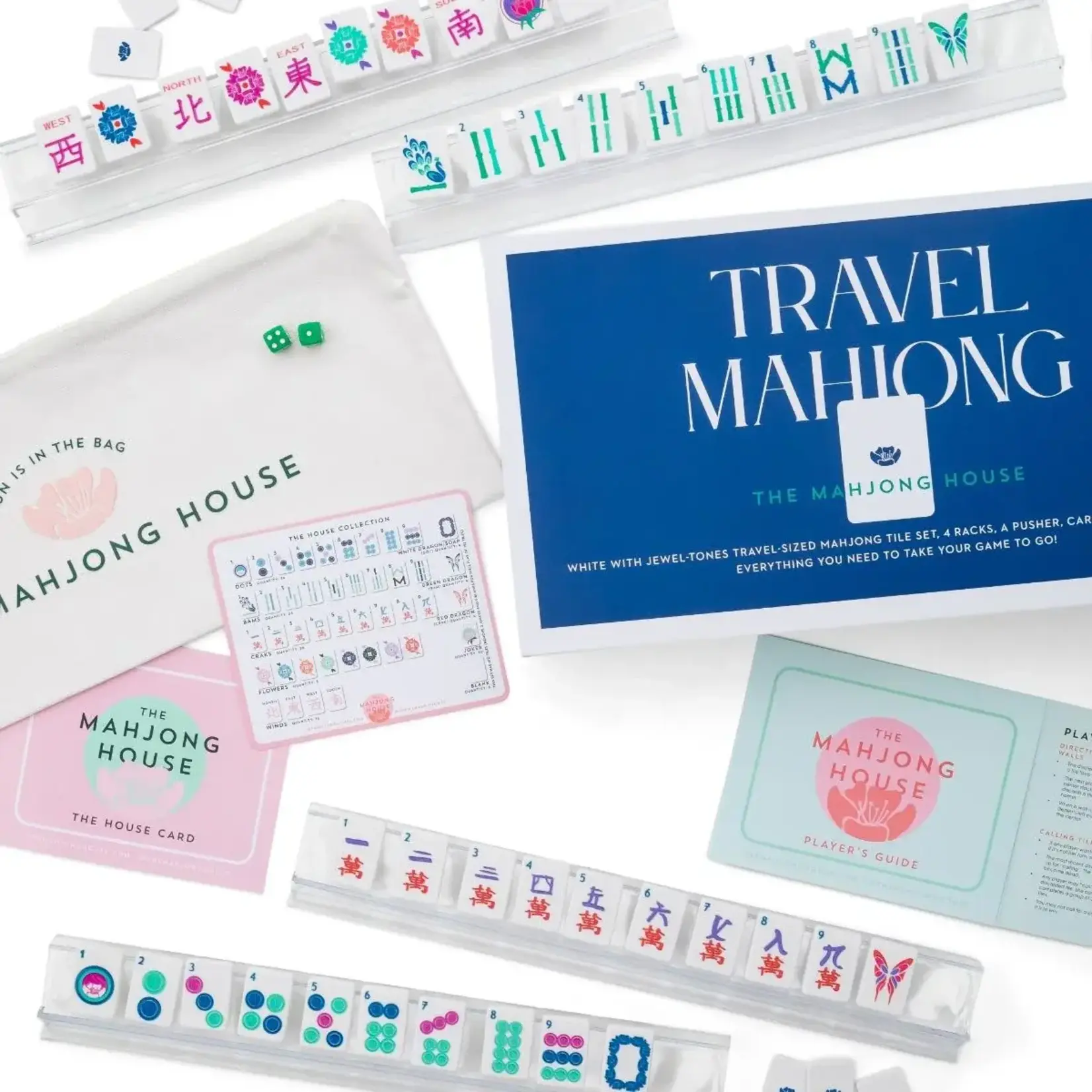 The Mahjong House White with Jewel-Tones Travel Mahjong Set