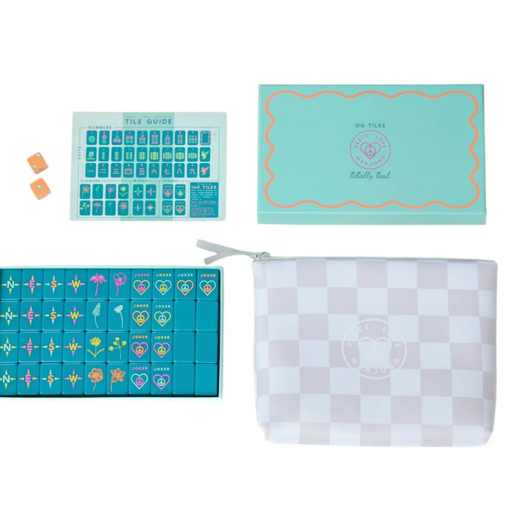 Peace Love Mahjong OG Mahj Tiles & Tile Bag - Totally Teal + Dice