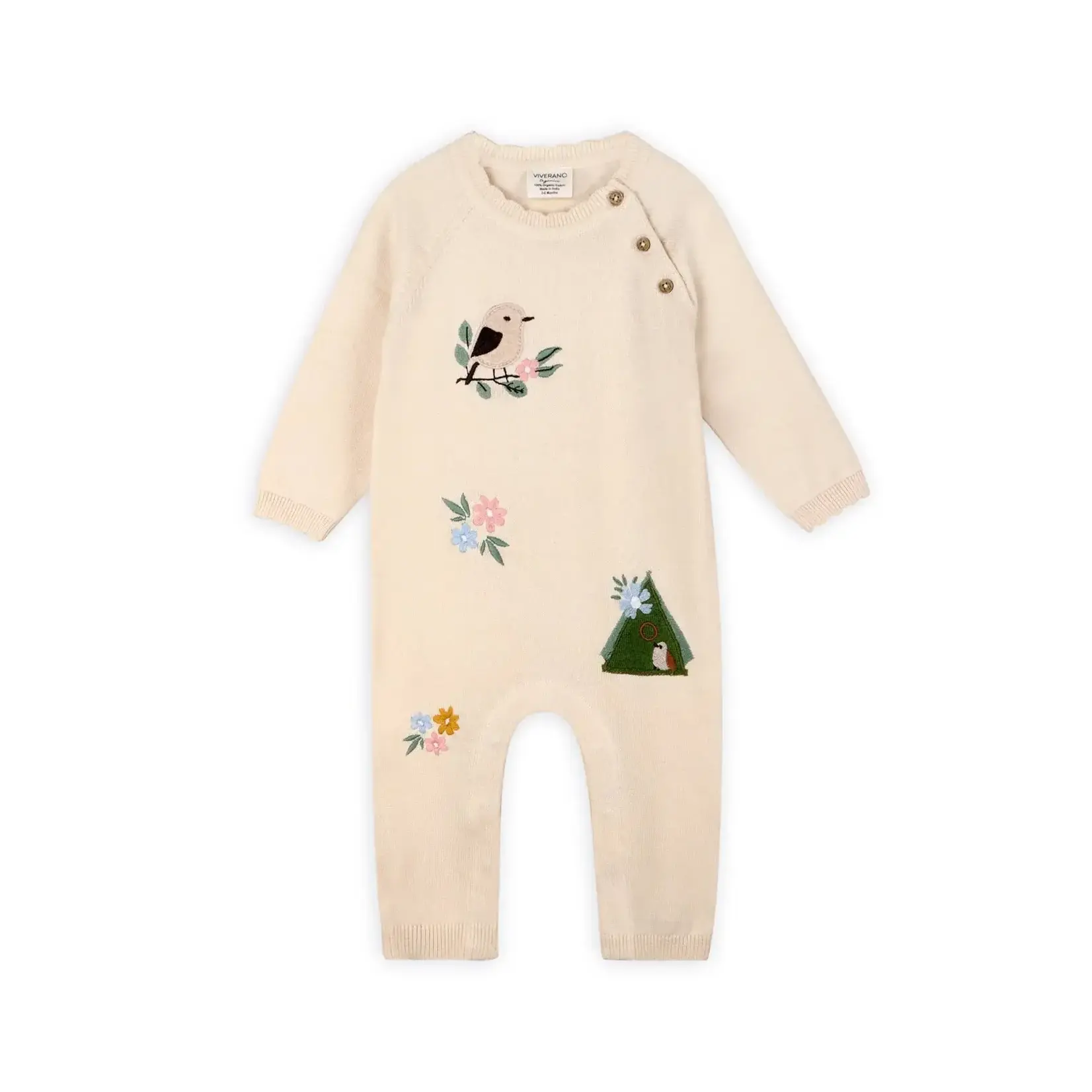 Viverano Organics Bird & Floral Embroidered Baby Knit Jumpsuit (Organic)