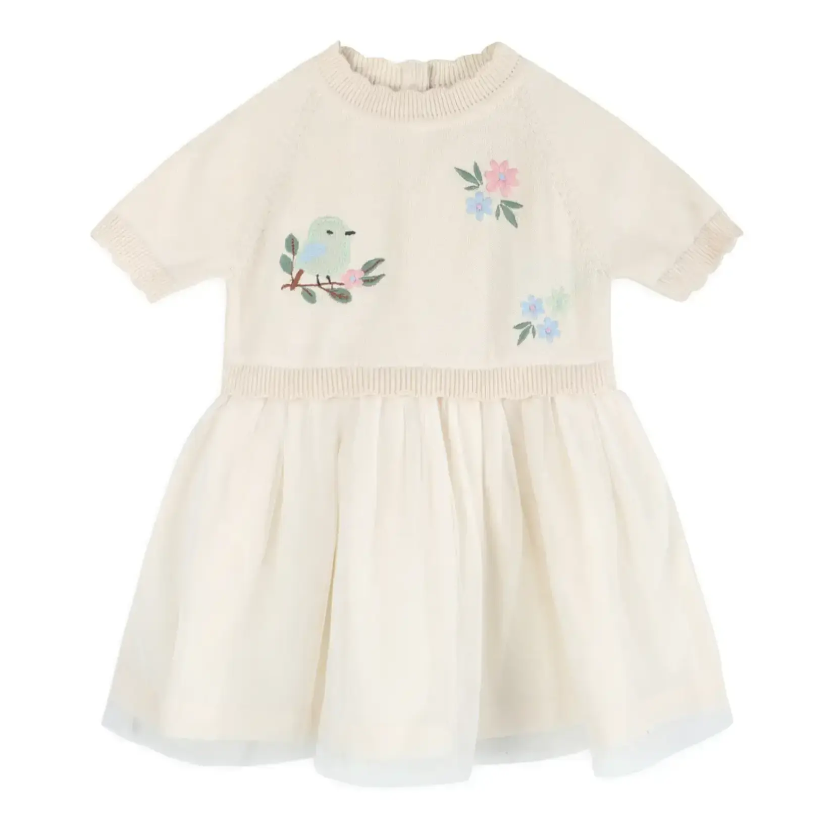 Viverano Organics Bird Floral Embroidered Tutu Knit Baby Dress (Organic)