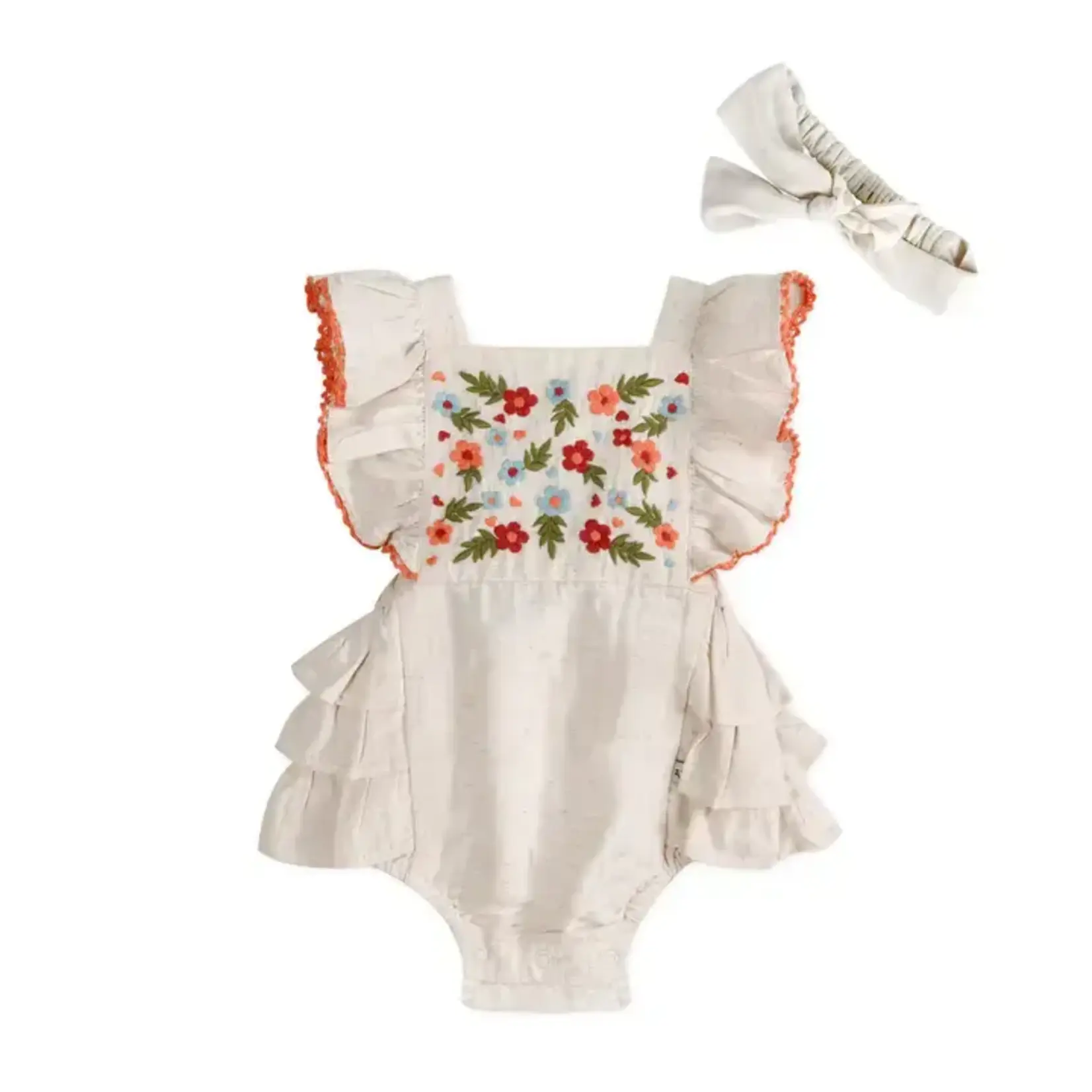 Viverano Organics Anya Embroidered Baby Romper + Headband (Linen Blend)