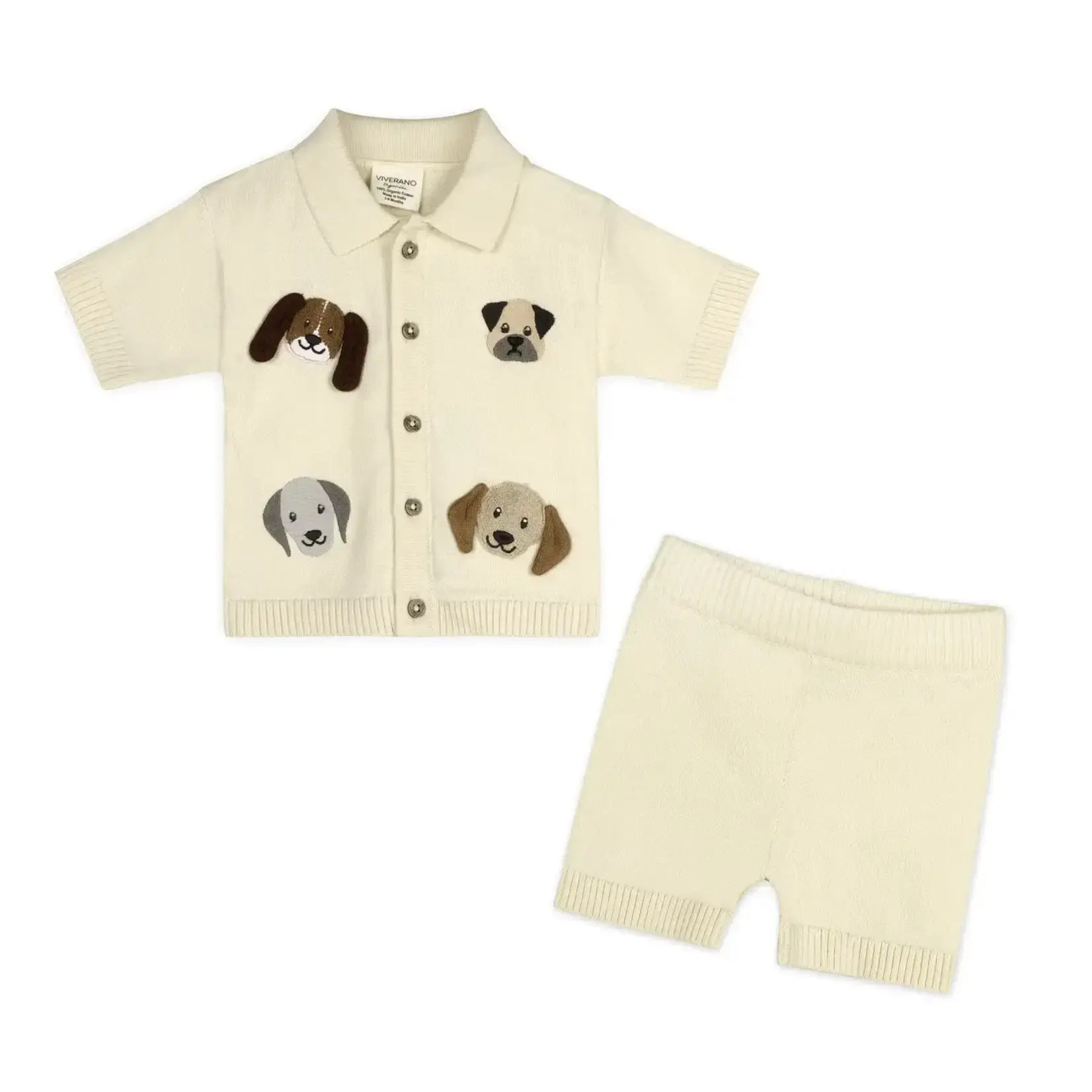 Viverano Organics Doggy Embroidered Baby Shirt & Shorts Set (Organic Cotton)