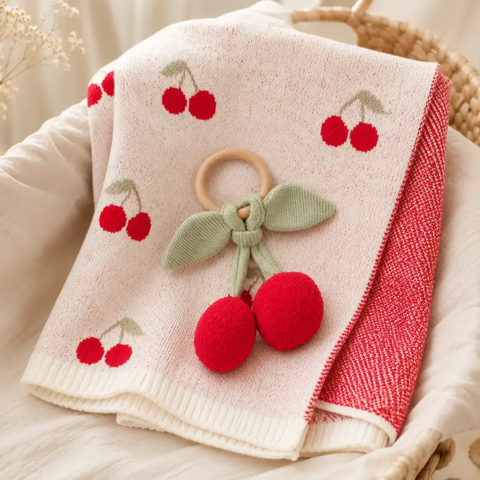 Viverano Organics Cherry Organic Baby Blanket + Ring Rattle Toy Gift Set