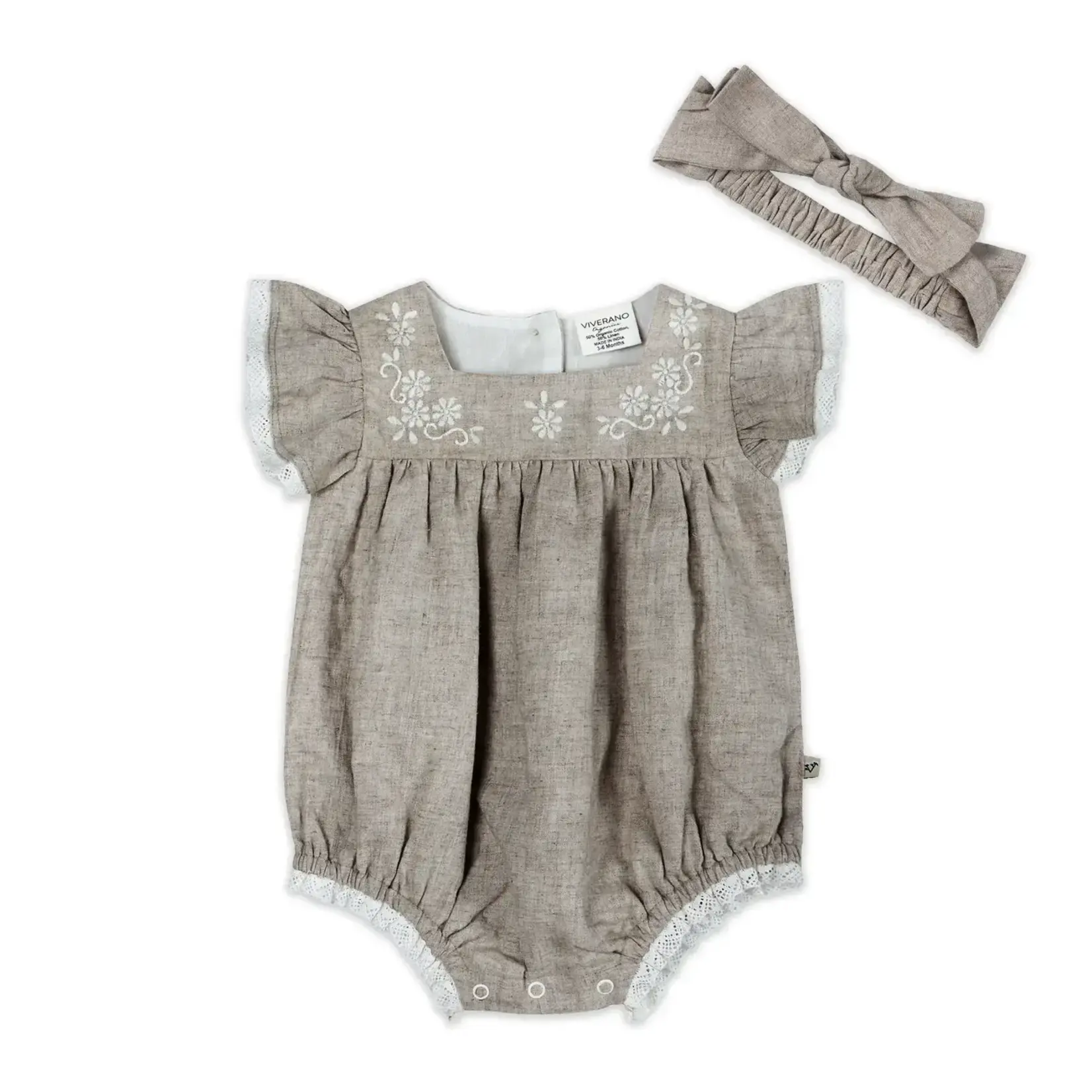 Viverano Organics Lena Floral Embroidered Baby Romper + Headband (Linen Blend)