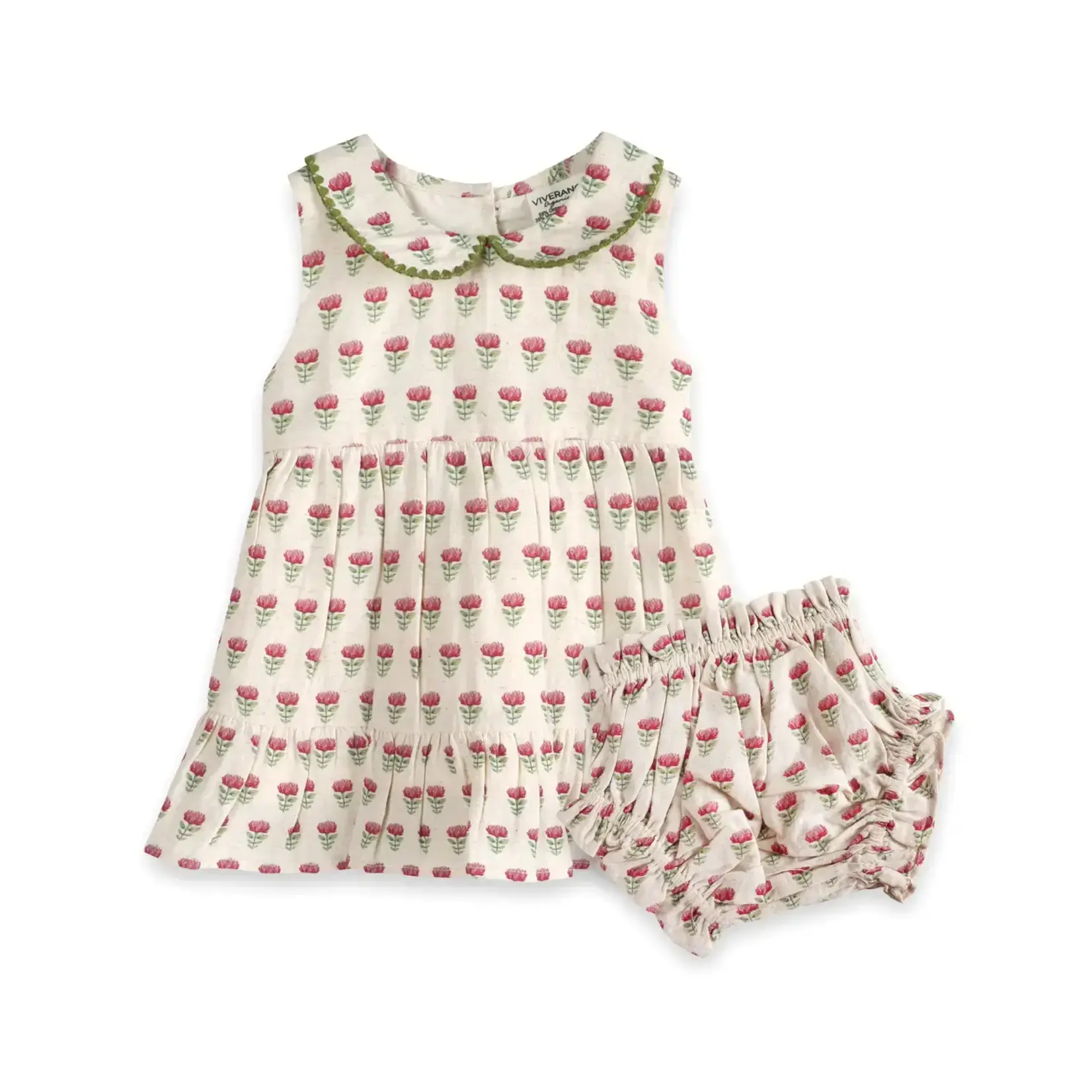 Viverano Organics Mia Block Print Floral Baby Dress + Bloomer (Linen Blend)