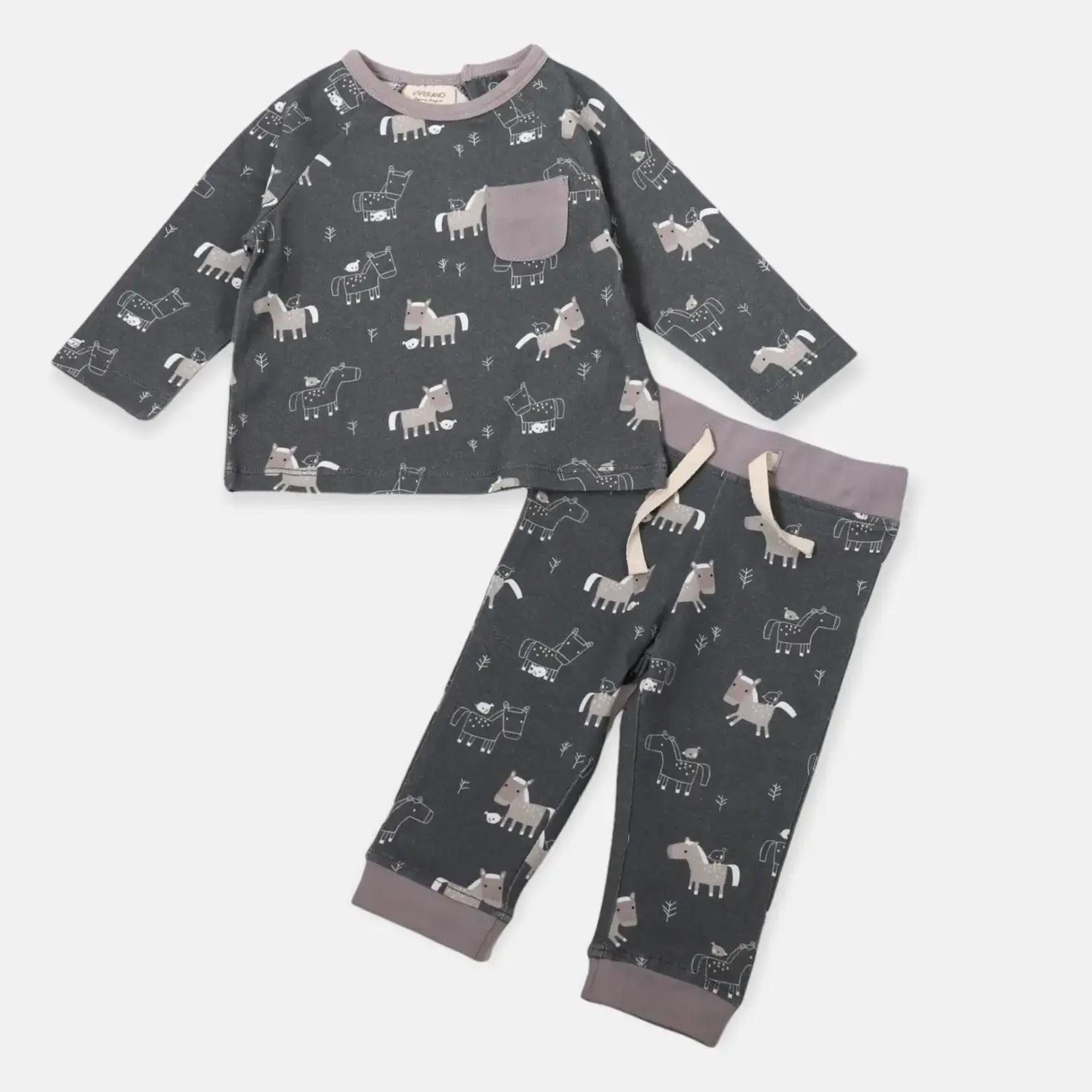 Viverano Organics Horse & Bird Baby Playsuit Tee & Jogger Set (Organic Cotton)