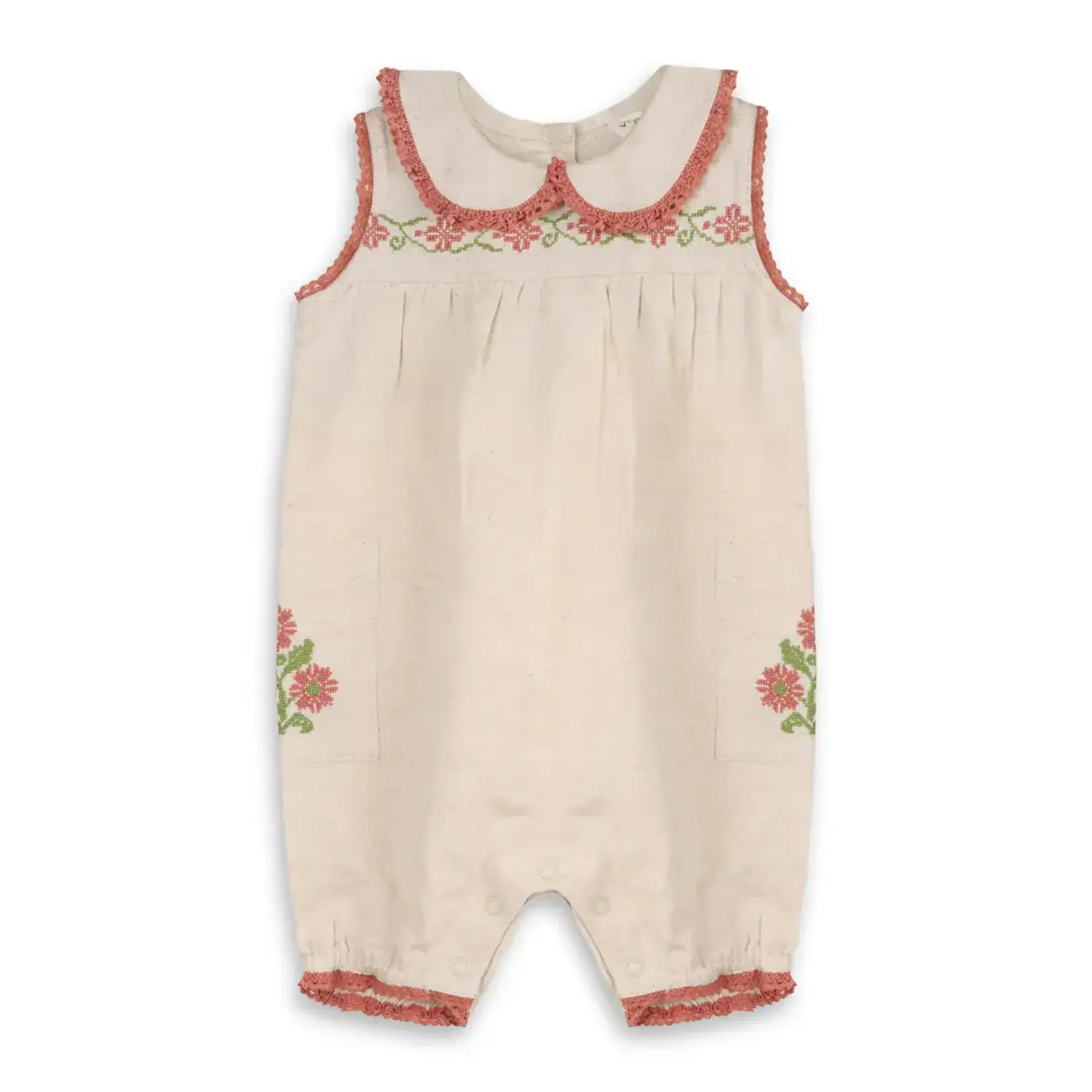 Viverano Organics Poppy Floral Embroidered Baby Romper -Linen Blend