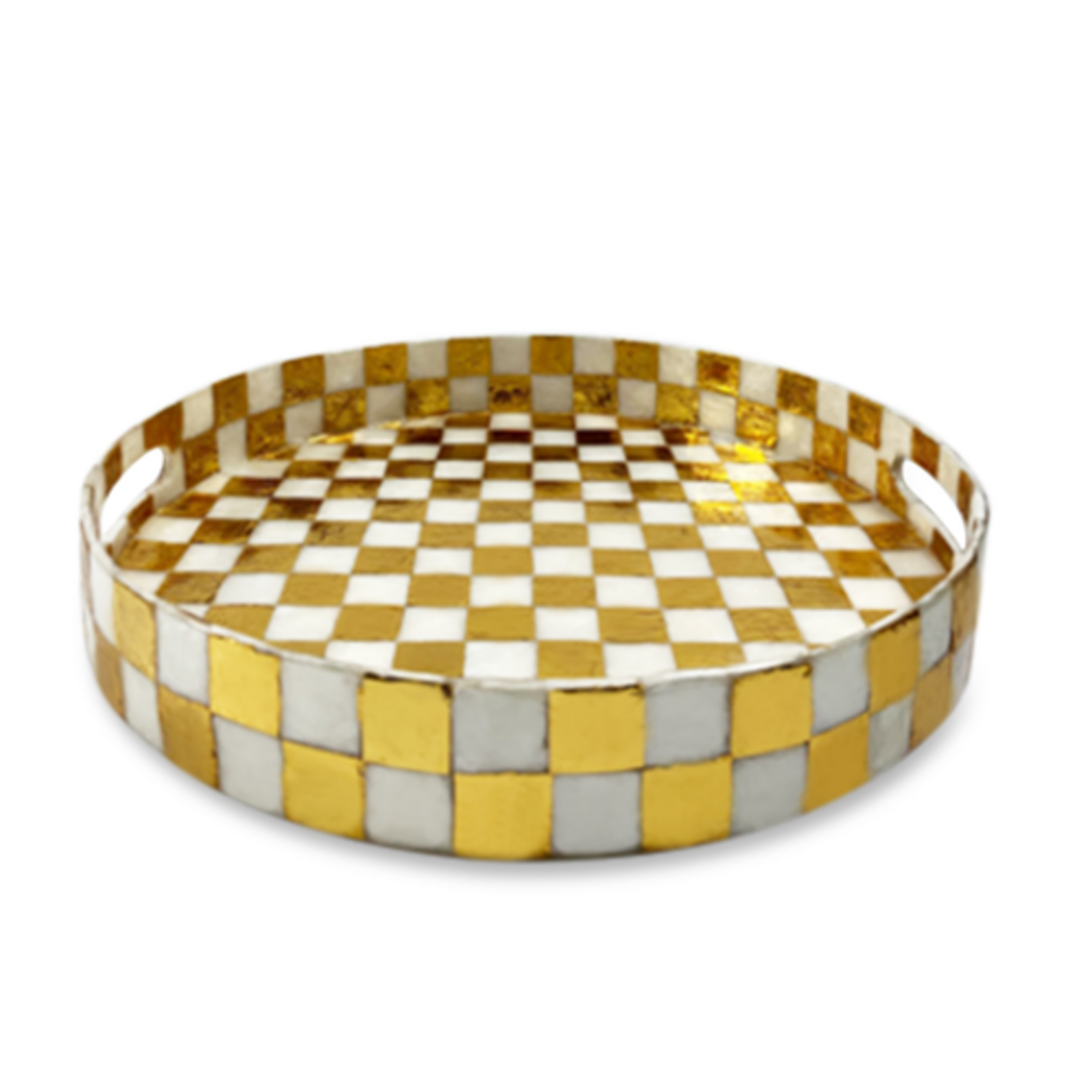 MacKenzie-Childs gold check capiz round tray
