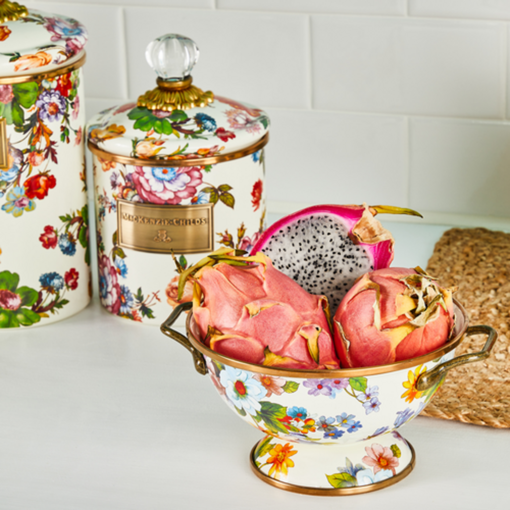 MacKenzie-Childs white flower market small canister