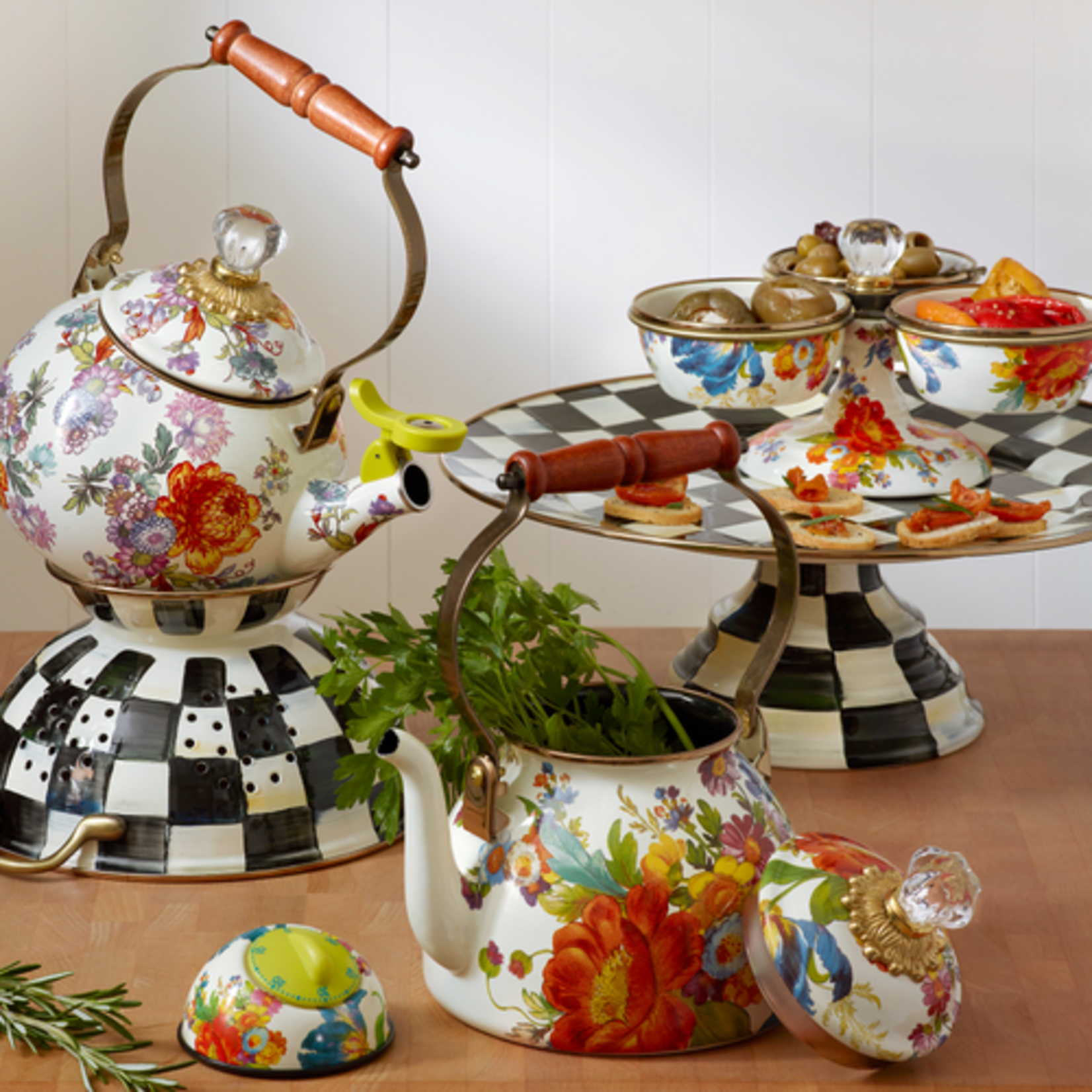 MacKenzie-Childs white flower market whistling tea kettle