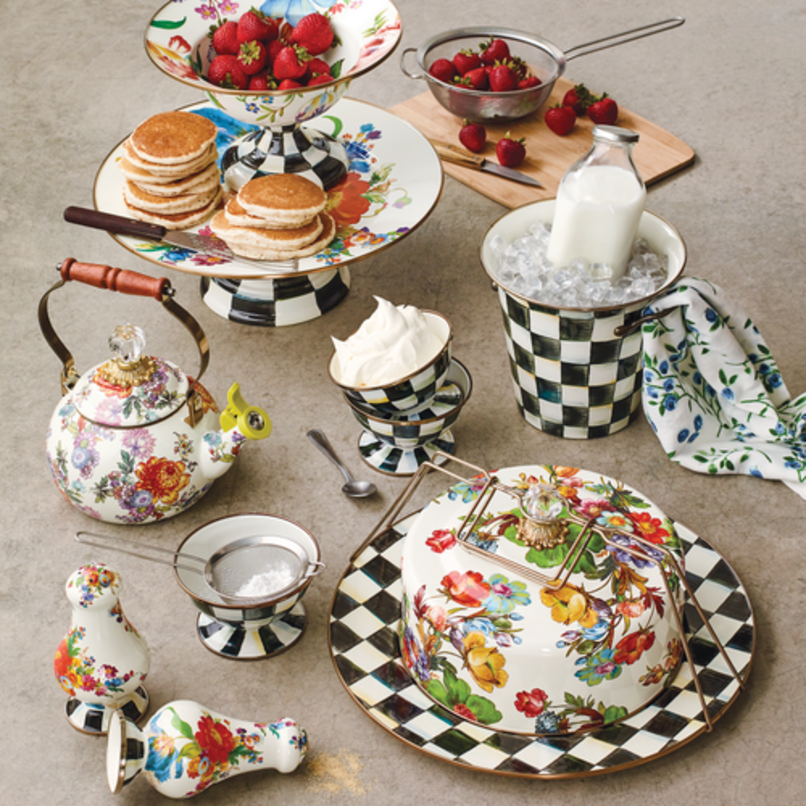 MacKenzie-Childs white flower market whistling tea kettle