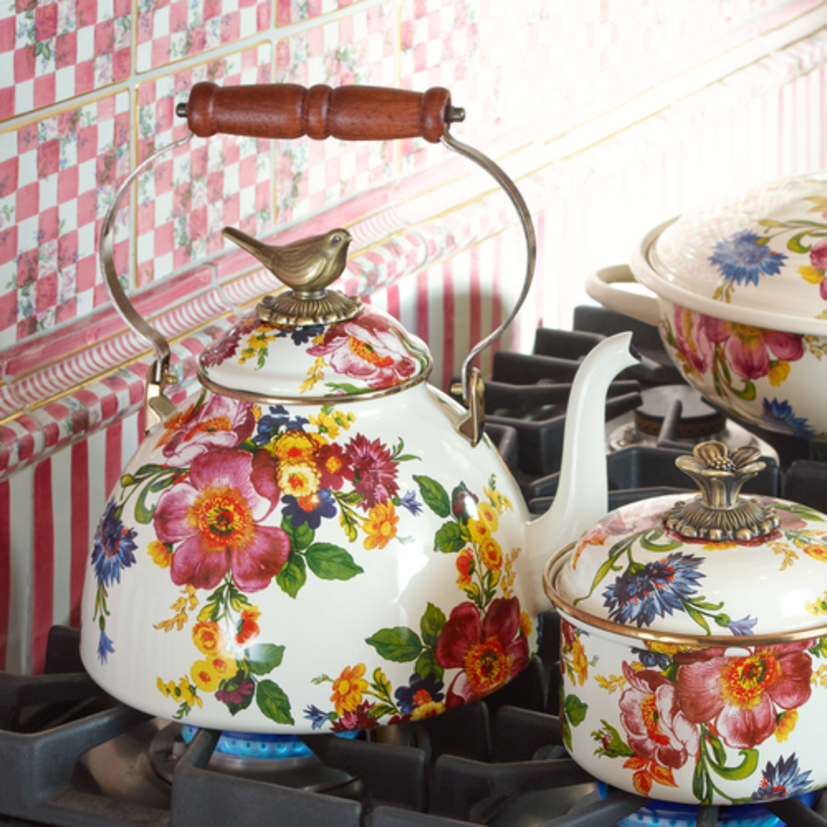 MacKenzie-Childs white flower market 3 quart tea kettle with bird