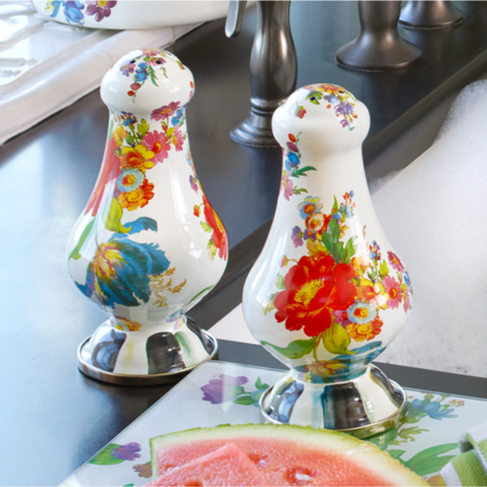MacKenzie-Childs white flower market large salt & pepper shakers