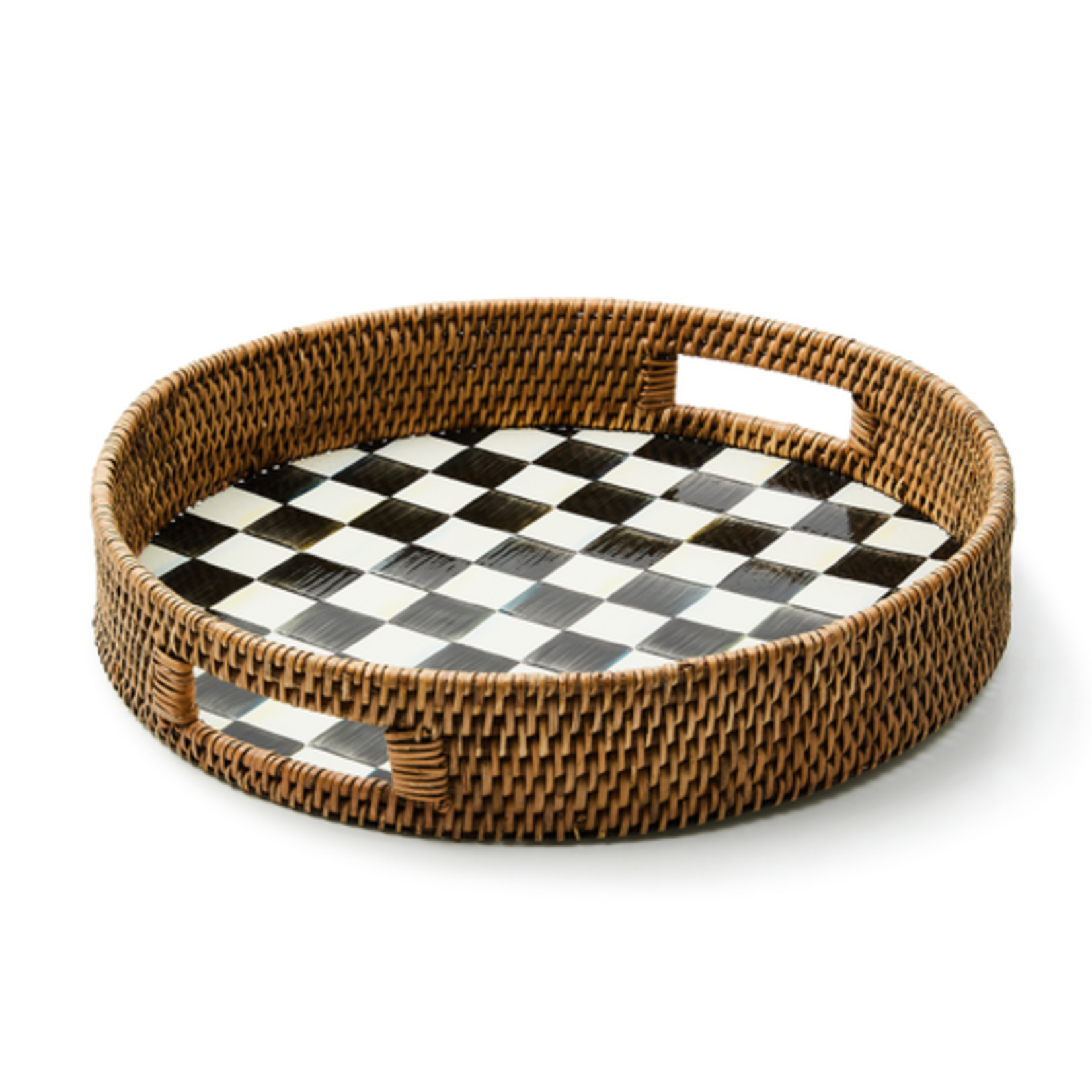 MacKenzie-Childs courtly check enamel & rattan round serving tray