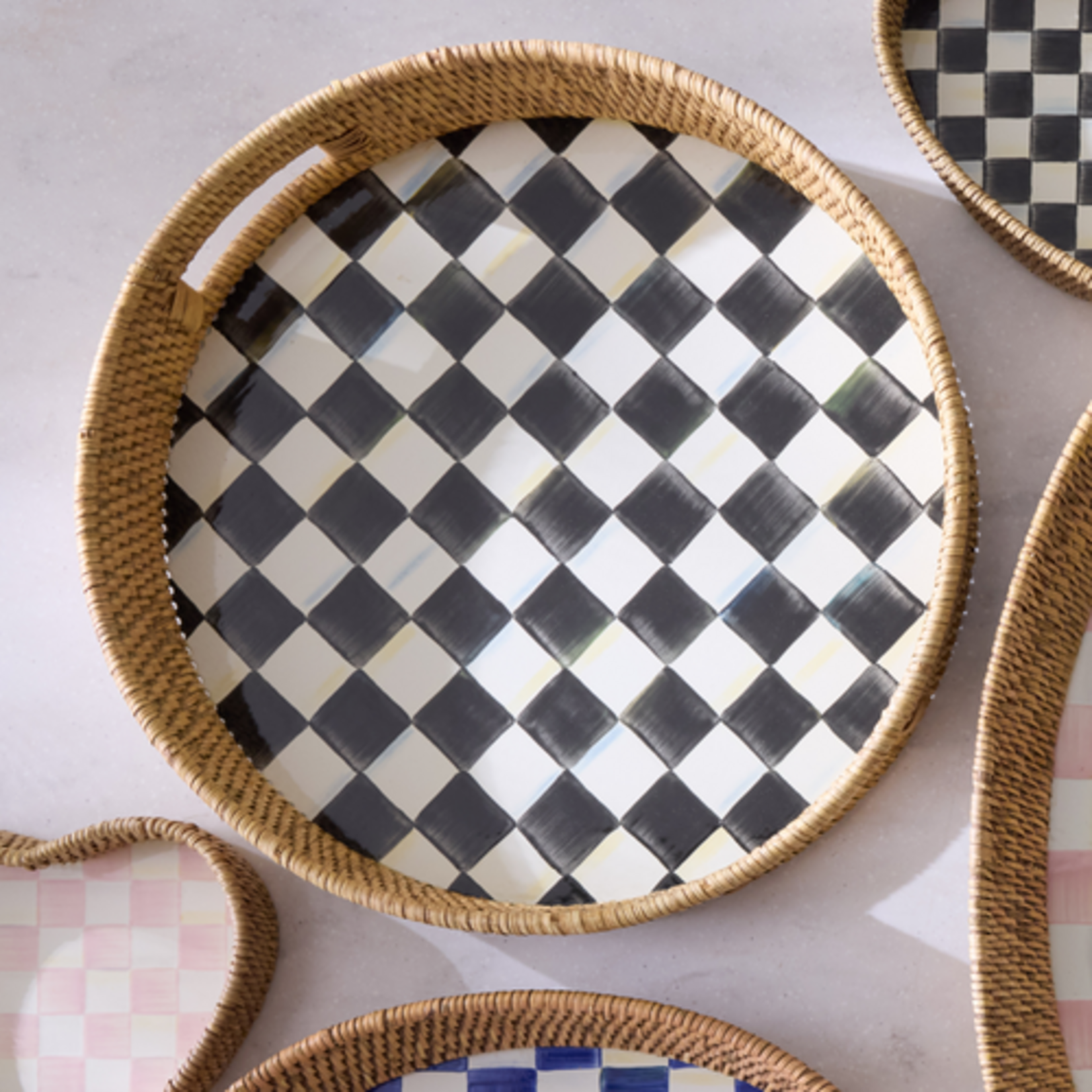 MacKenzie-Childs courtly check enamel & rattan round serving tray