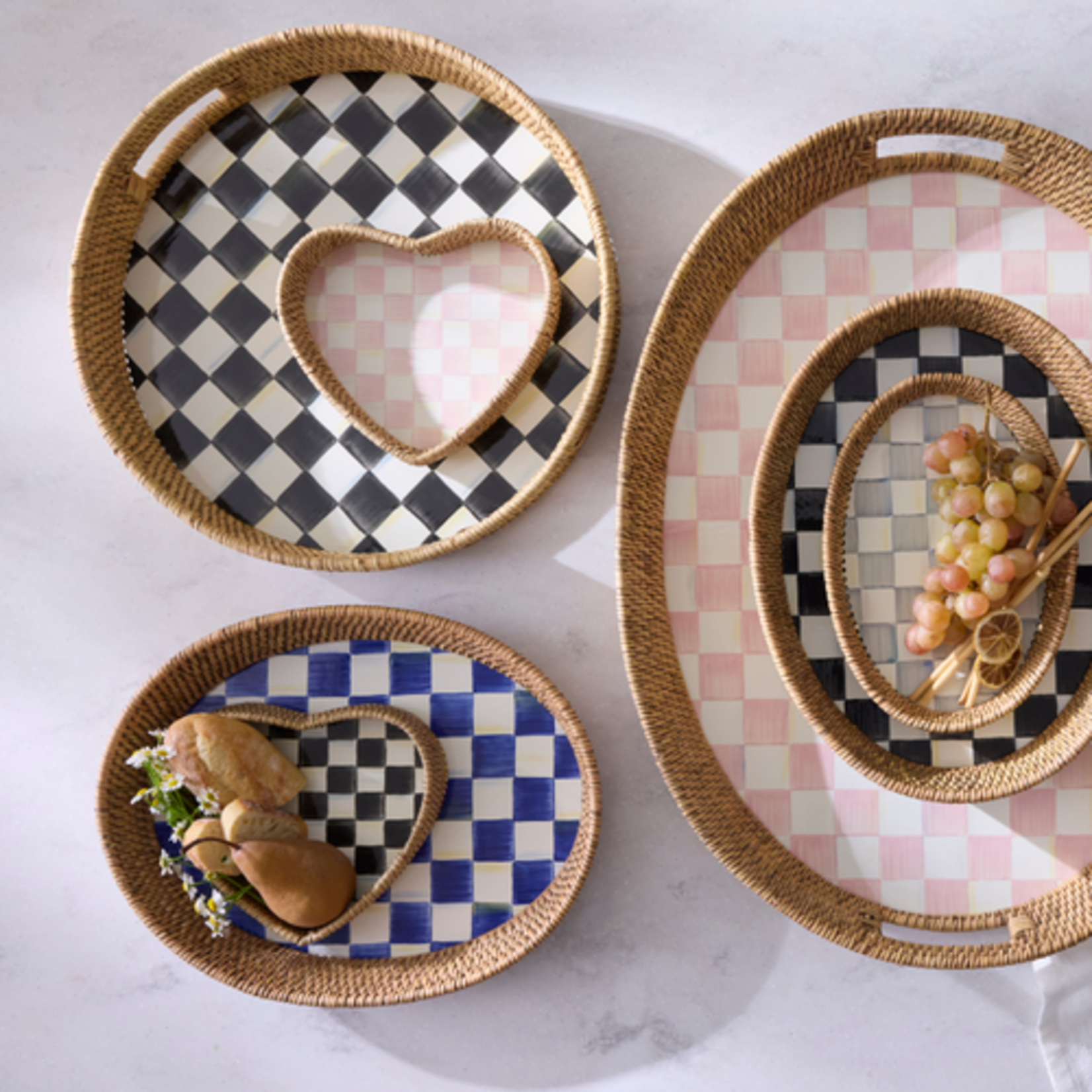 MacKenzie-Childs courtly check enamel & rattan round serving tray