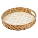 MacKenzie-Childs mocha check enamel & rattan round serving tray