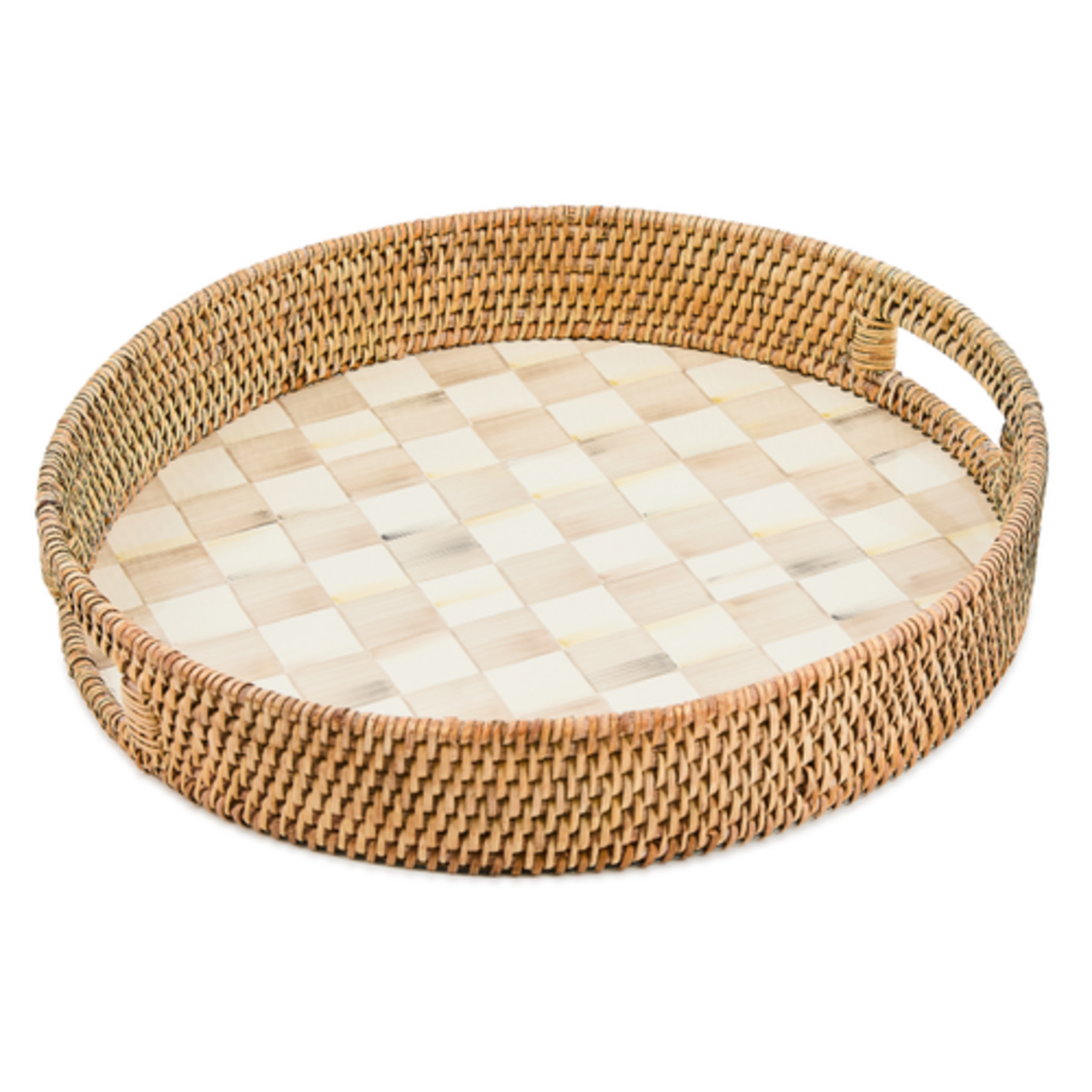 MacKenzie-Childs mocha check enamel & rattan round serving tray