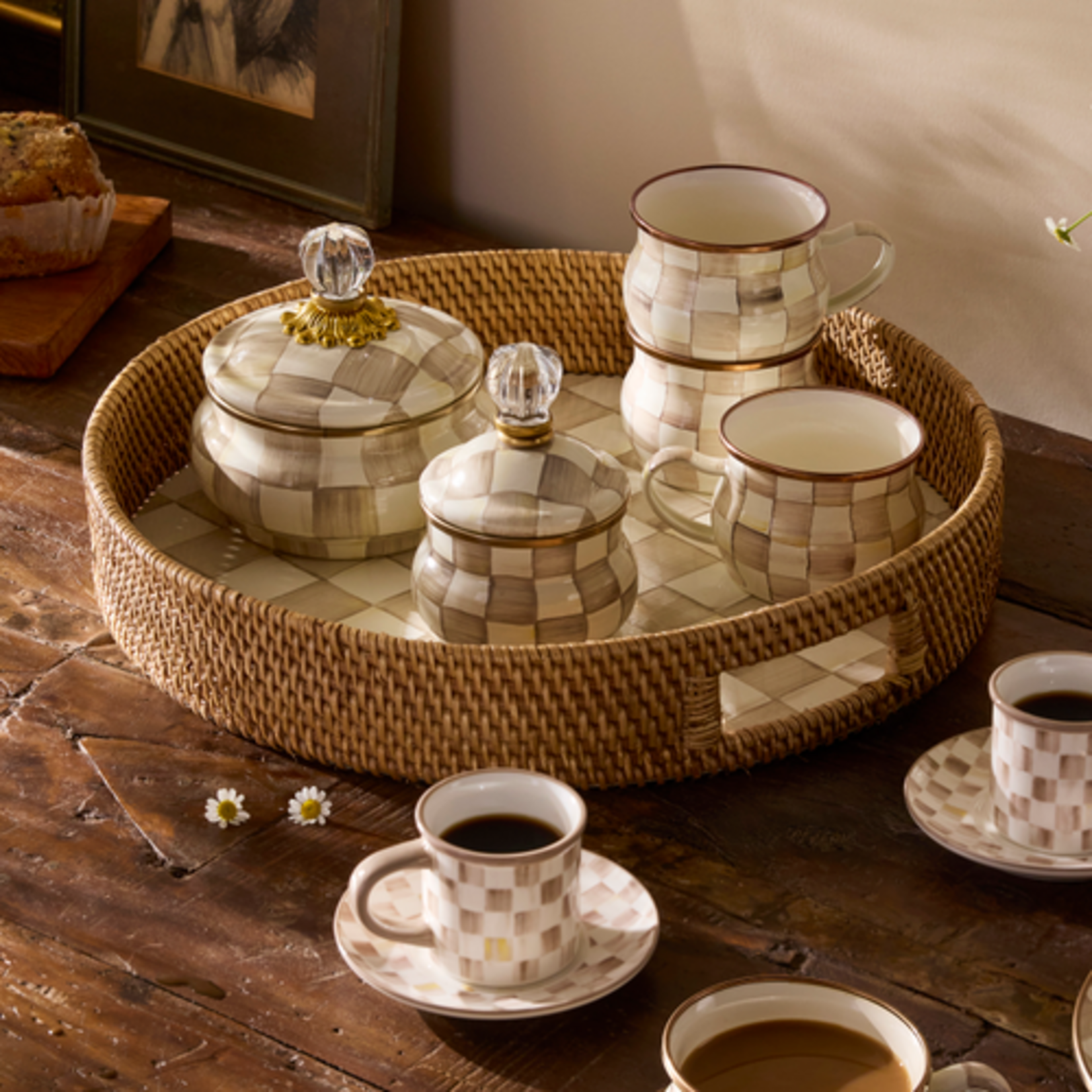 MacKenzie-Childs mocha check enamel & rattan round serving tray