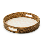 MacKenzie-Childs rosy check enamel & rattan round serving tray