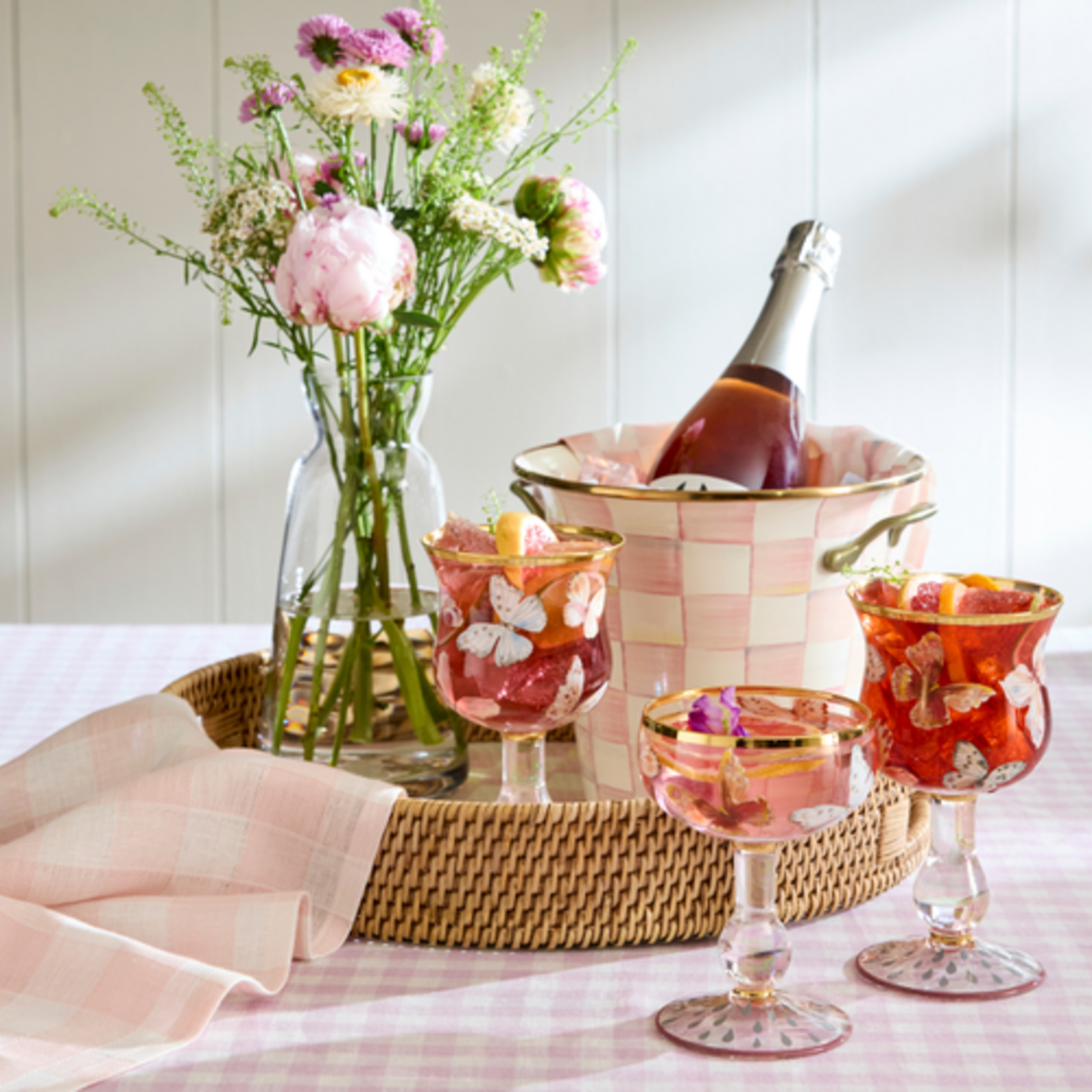MacKenzie-Childs rosy check enamel & rattan round serving tray
