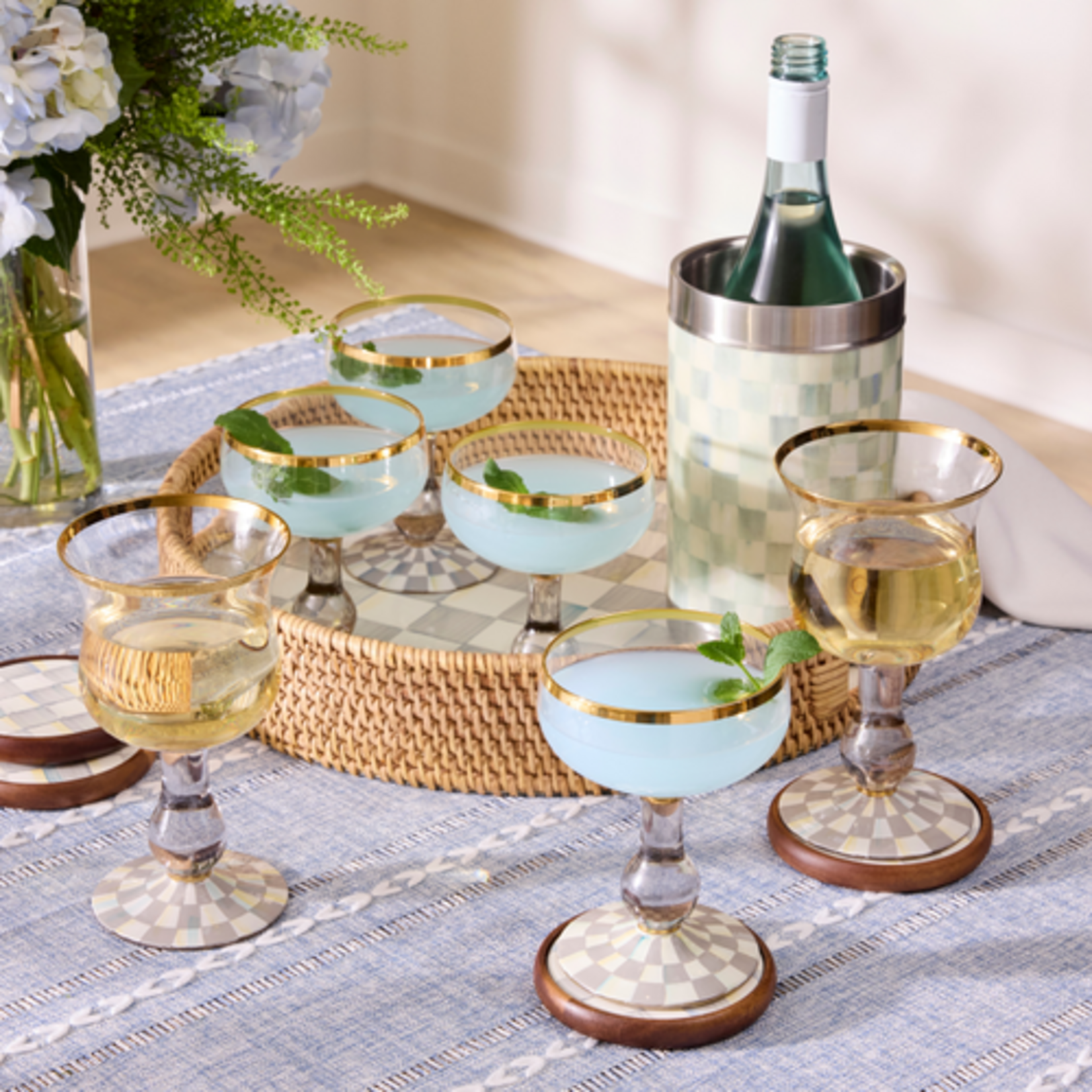 MacKenzie-Childs sterling check enamel & rattan round serving tray