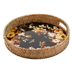 MacKenzie-Childs wild rose brown enamel & rattan round serving tray