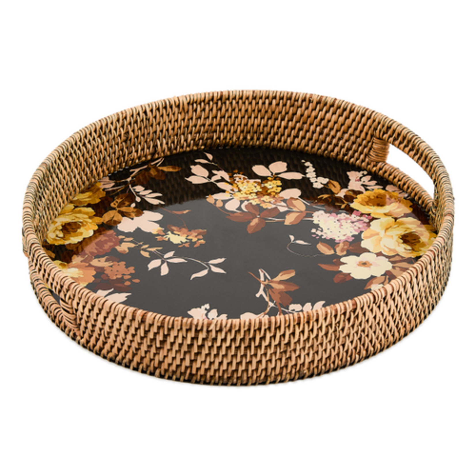 MacKenzie-Childs wild rose brown enamel & rattan round serving tray