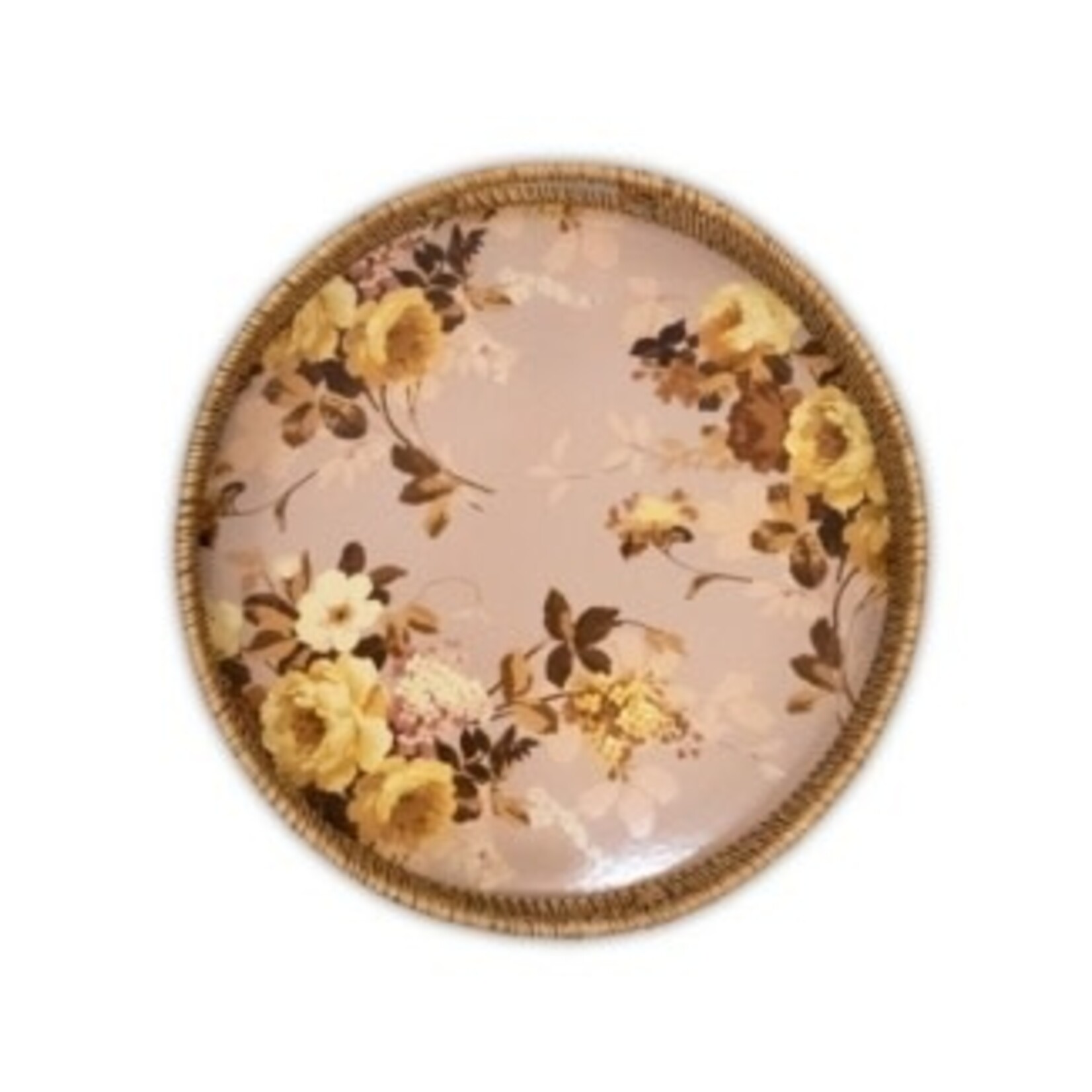 MacKenzie-Childs wild rose mauve enamel & rattan round tray