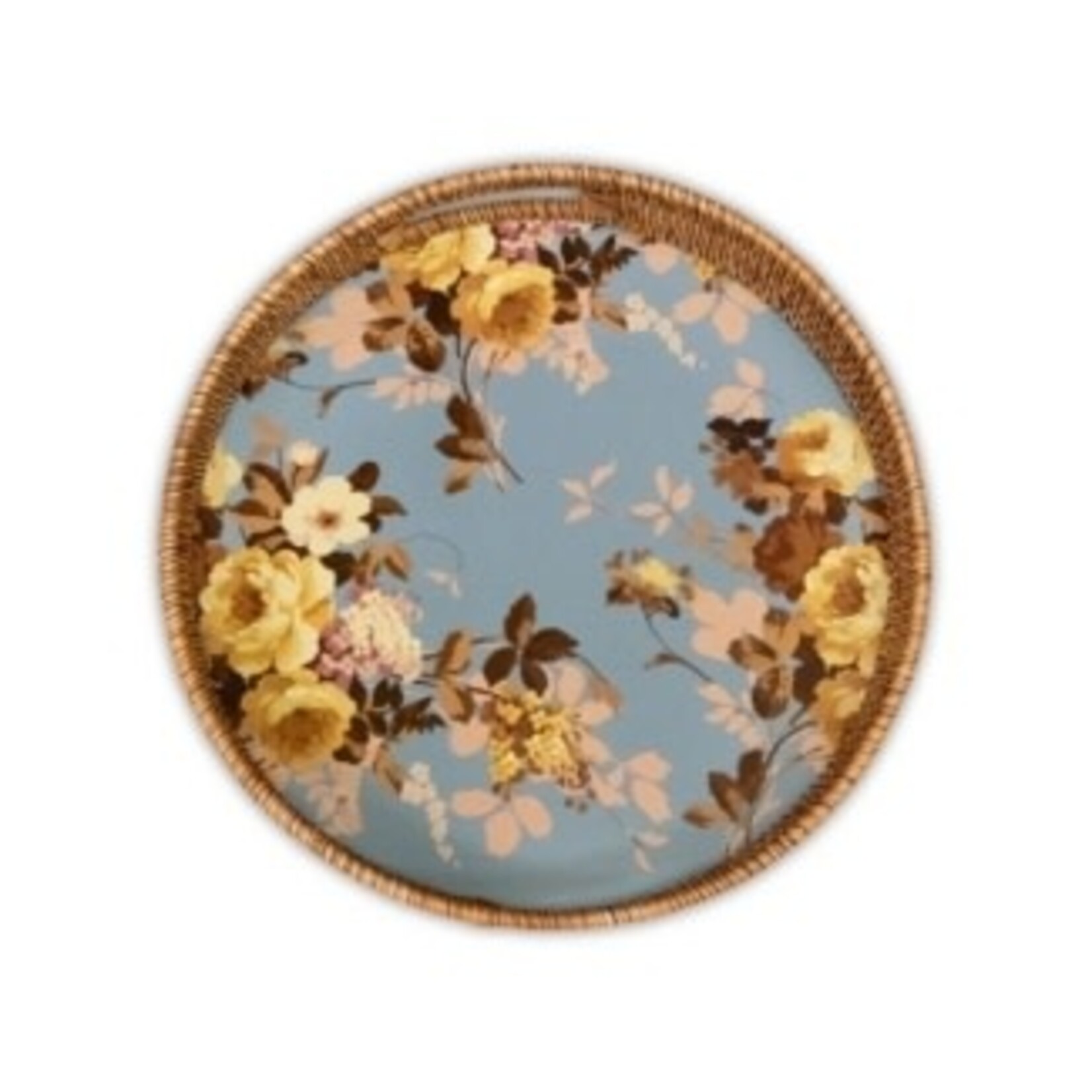 MacKenzie-Childs wild rose slate enamel & rattan round tray
