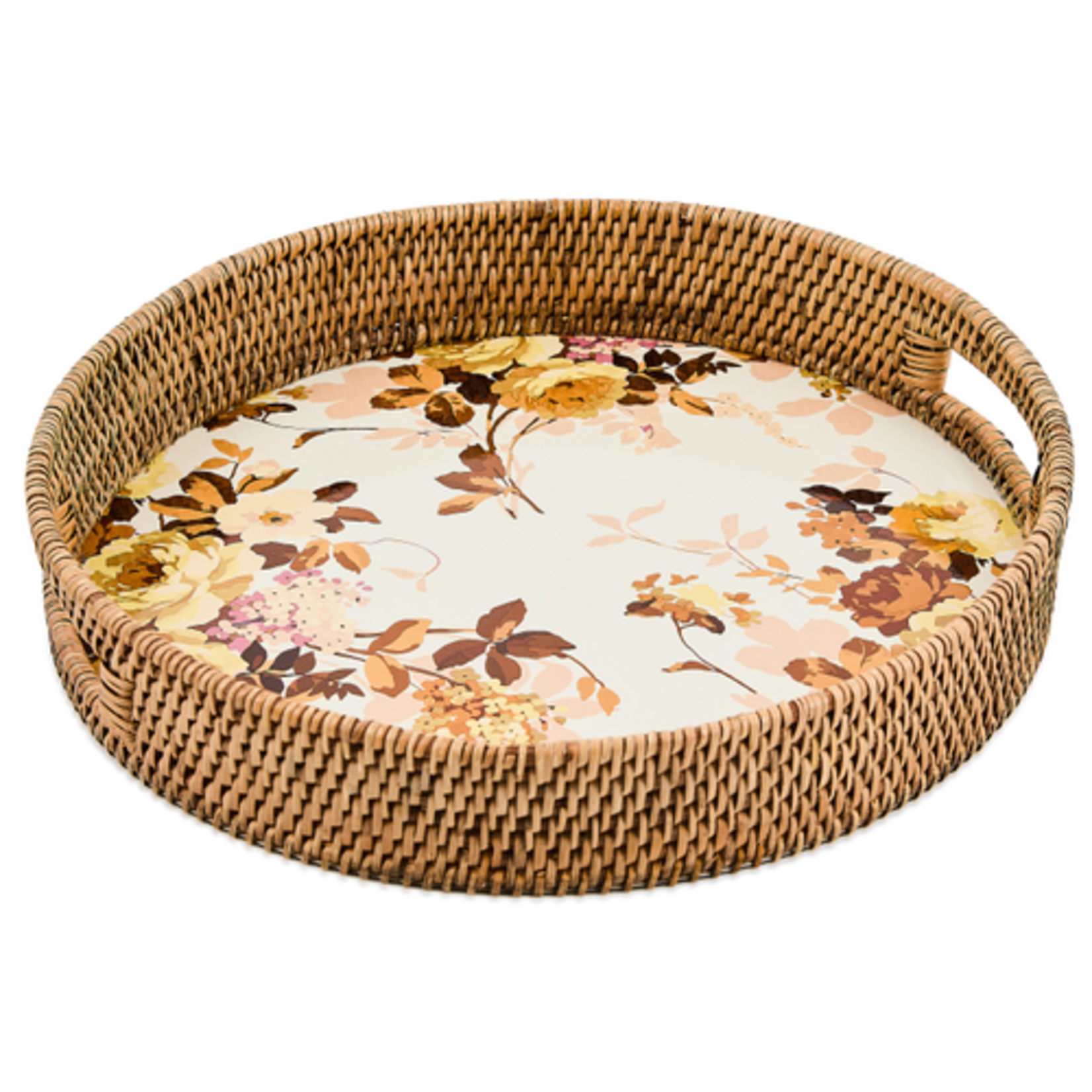 MacKenzie-Childs wild rose white enamel & rattan round serving tray