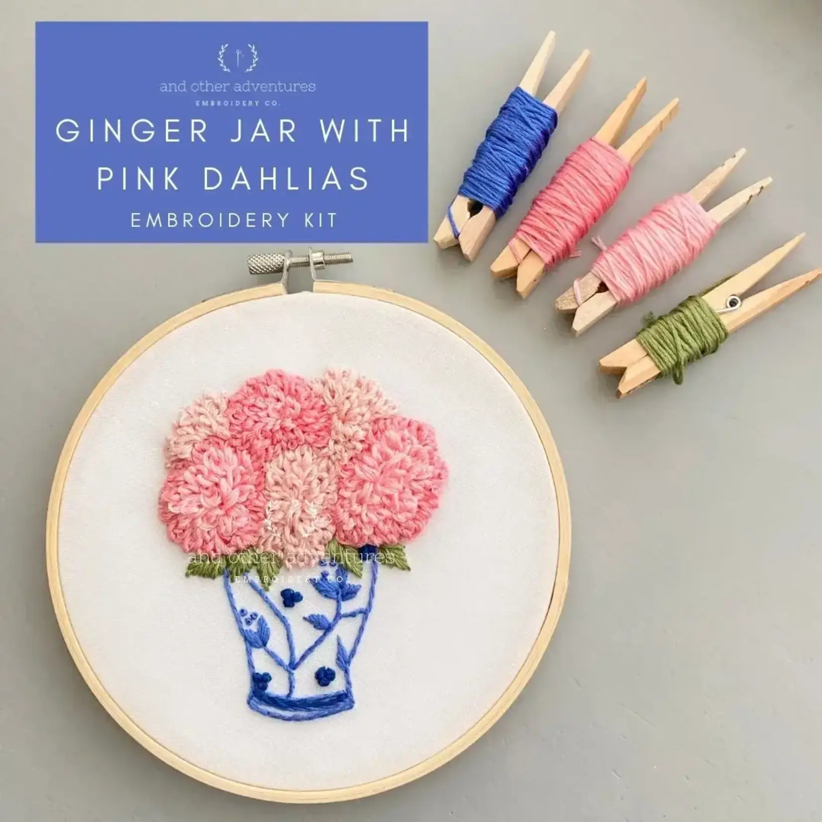 And Other Adventures Embroidery Co Hand Embroidery Kit - Pink Dahlias in Ginger Jar