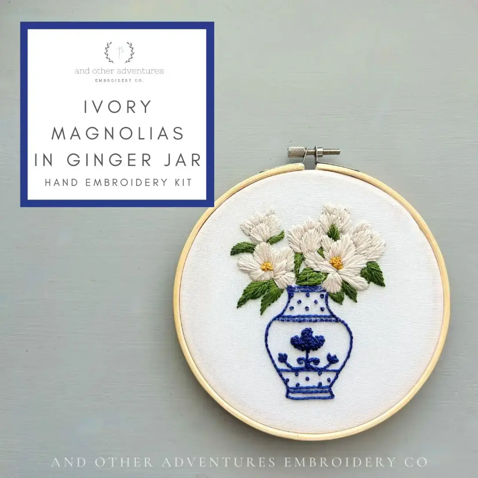 And Other Adventures Embroidery Co Hand Embroidery Kit - Ivory Magnolias in Ginger