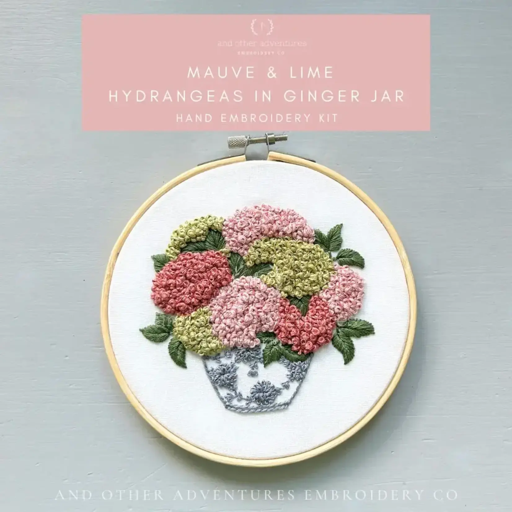 And Other Adventures Embroidery Co Hand Embroidery Kit - Mauve & Lime Hydrangeas in Ginger Jar