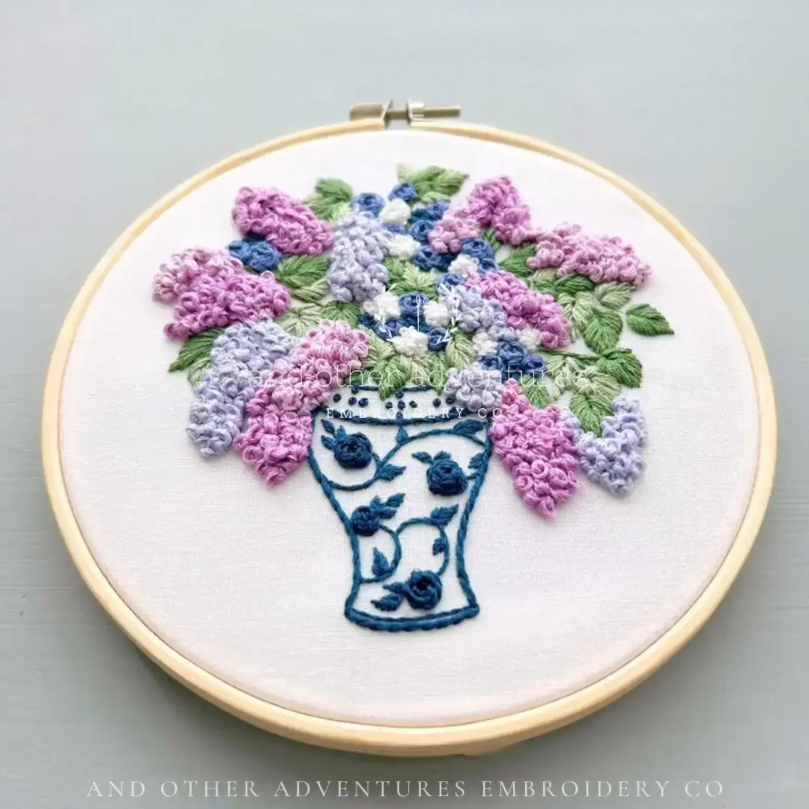And Other Adventures Embroidery Co Hand Embroidery Kit - Periwinkle Lilacs in Ginger Jar