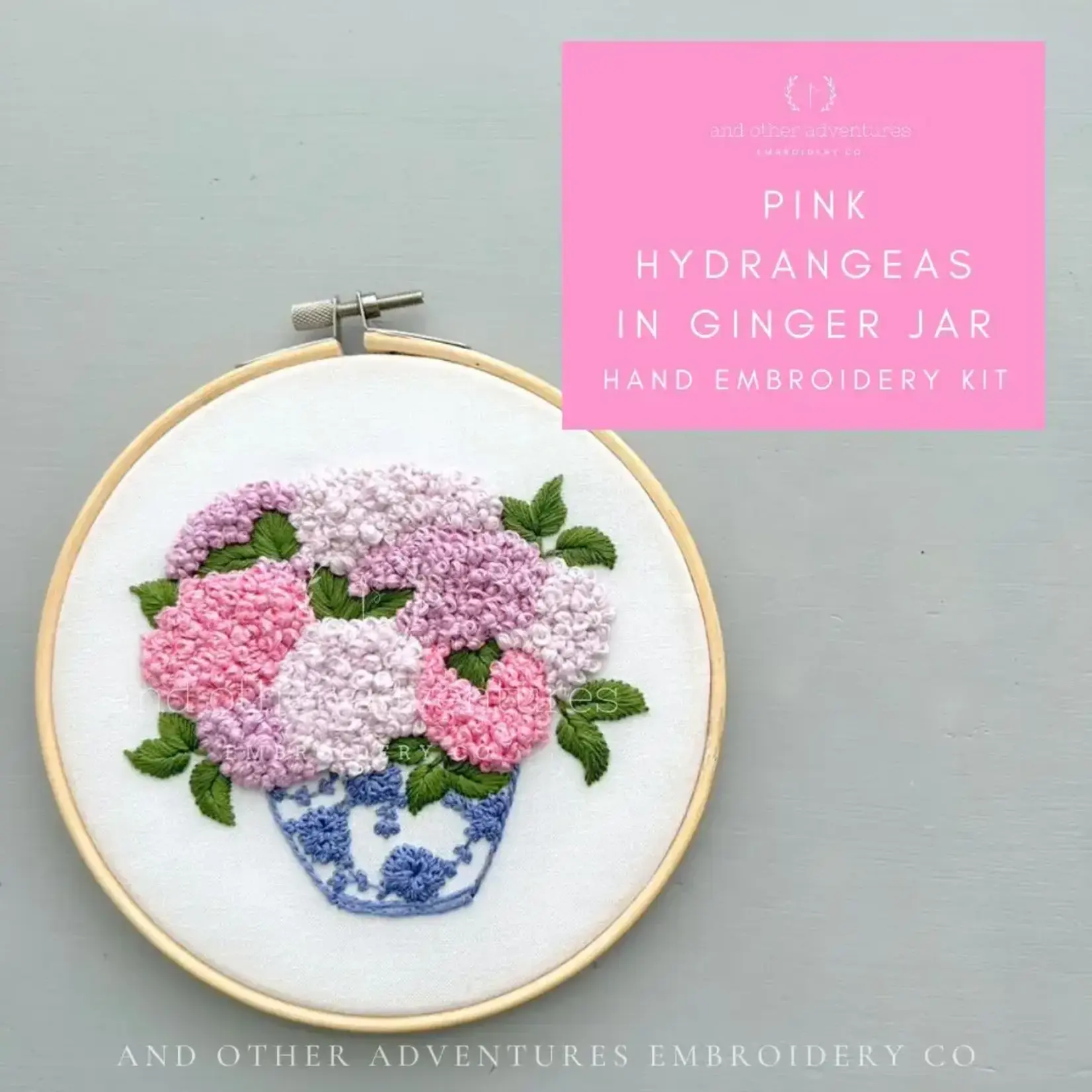 and o Hand Embroidery Kit - Pink Hydrangeas in Ginger Jar