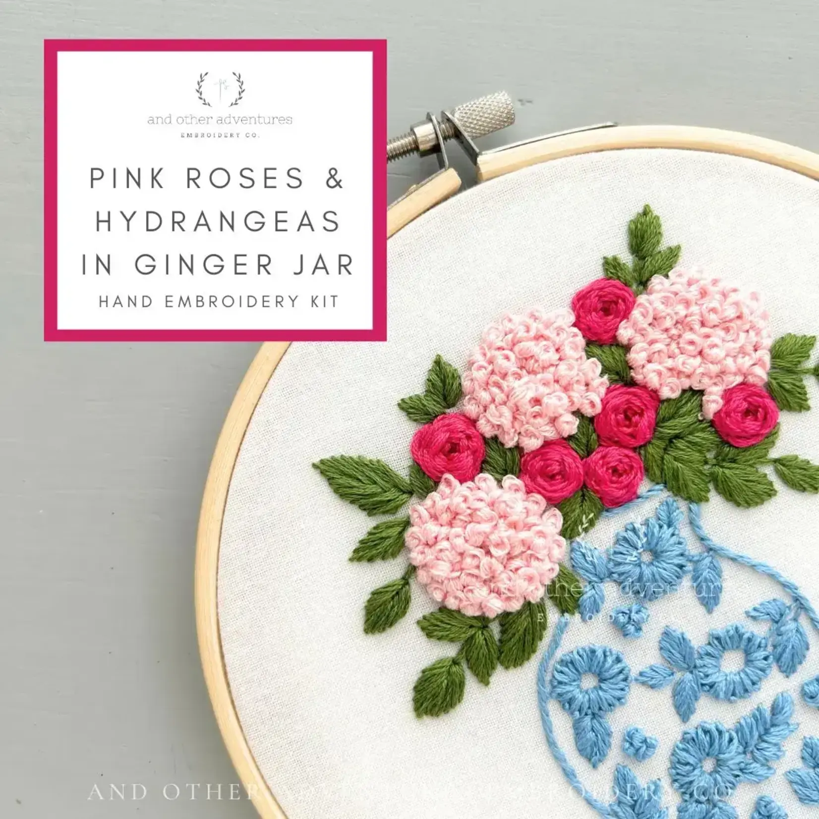 And Other Adventures Embroidery Co Hand Embroidery Kit - Pink Roses + Hydrangeas in Ginger Jar