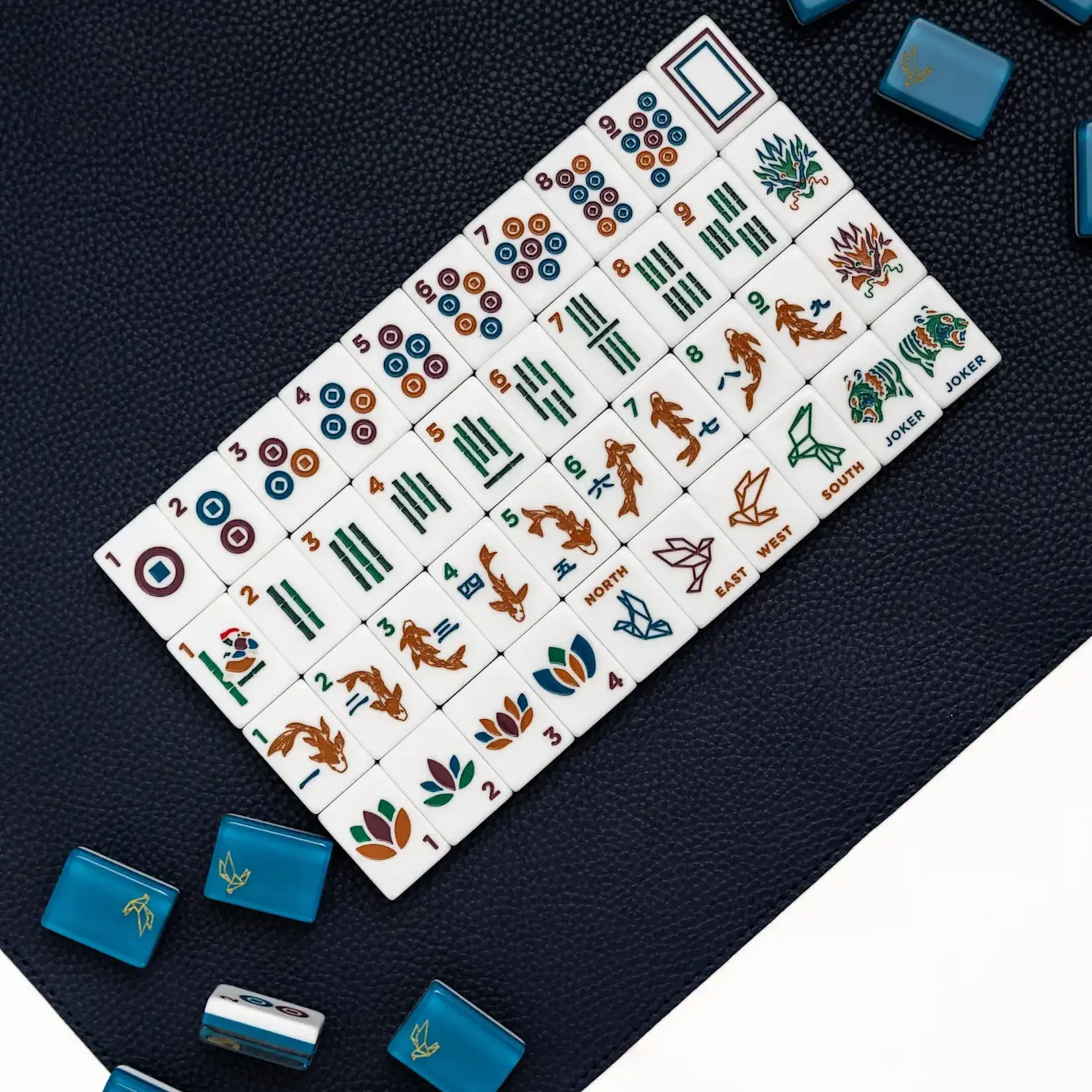 Bam Bird Boutique Azure Origami Mahjong Tile set w/ Velvet Tile Bag- Forest Green/Navy