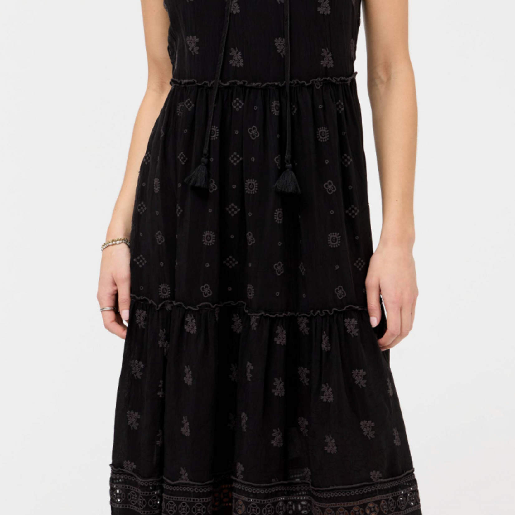 Johnny Was Black Susila Midi Tiered Dress