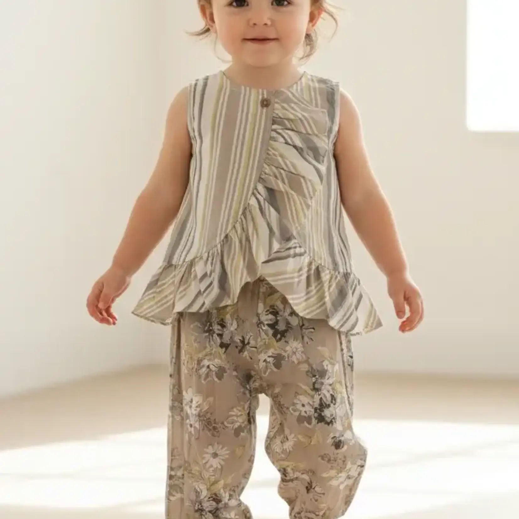 Yo Baby Brown Striped Top & Floral Pants Set