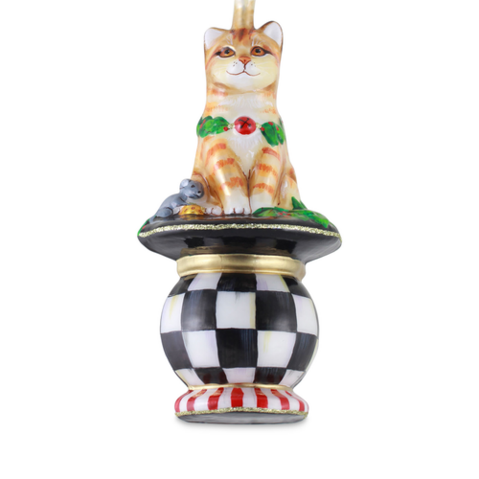 MacKenzie-Childs cat on tuffet glass ornament