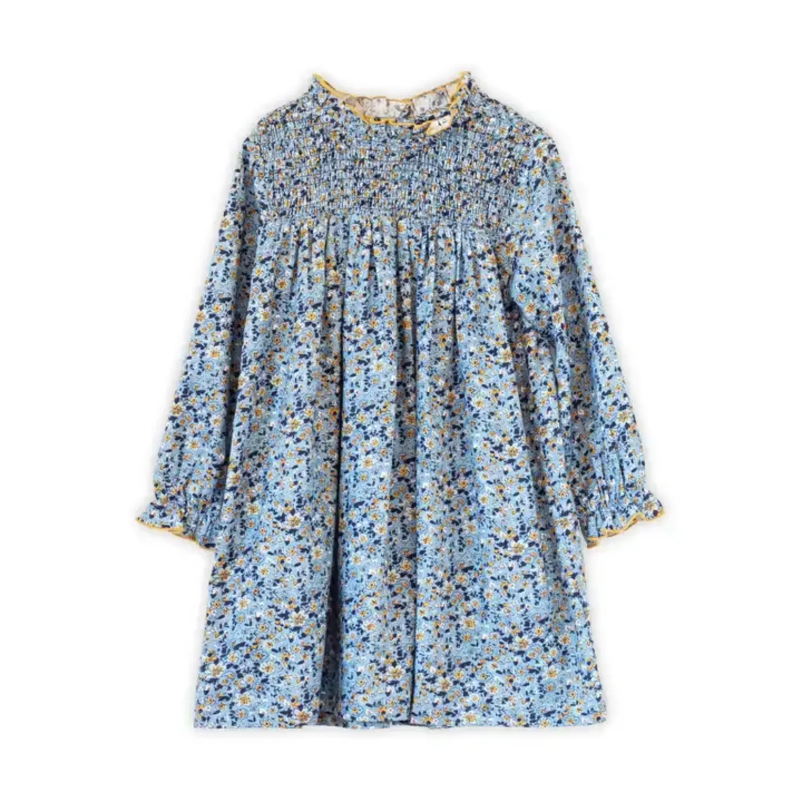 Beet World Blue & Mustard Wildflowers Smocked Long Sleeve Dress