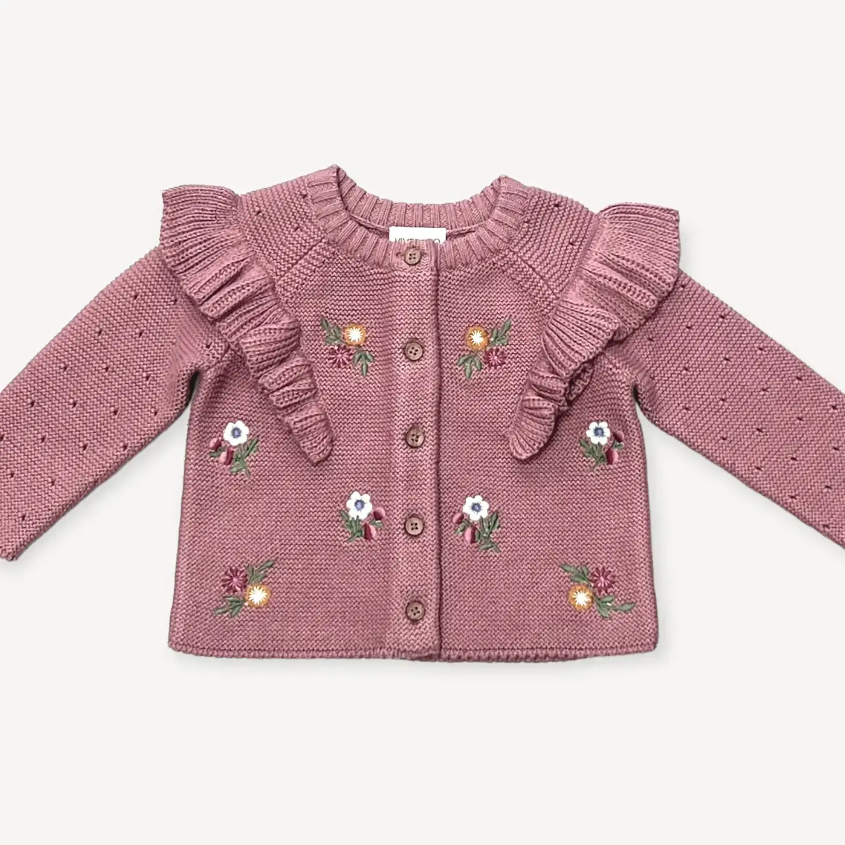 Viverano Organics Floral Ruffle Chunky Knit Cardigan - Vintage Rose
