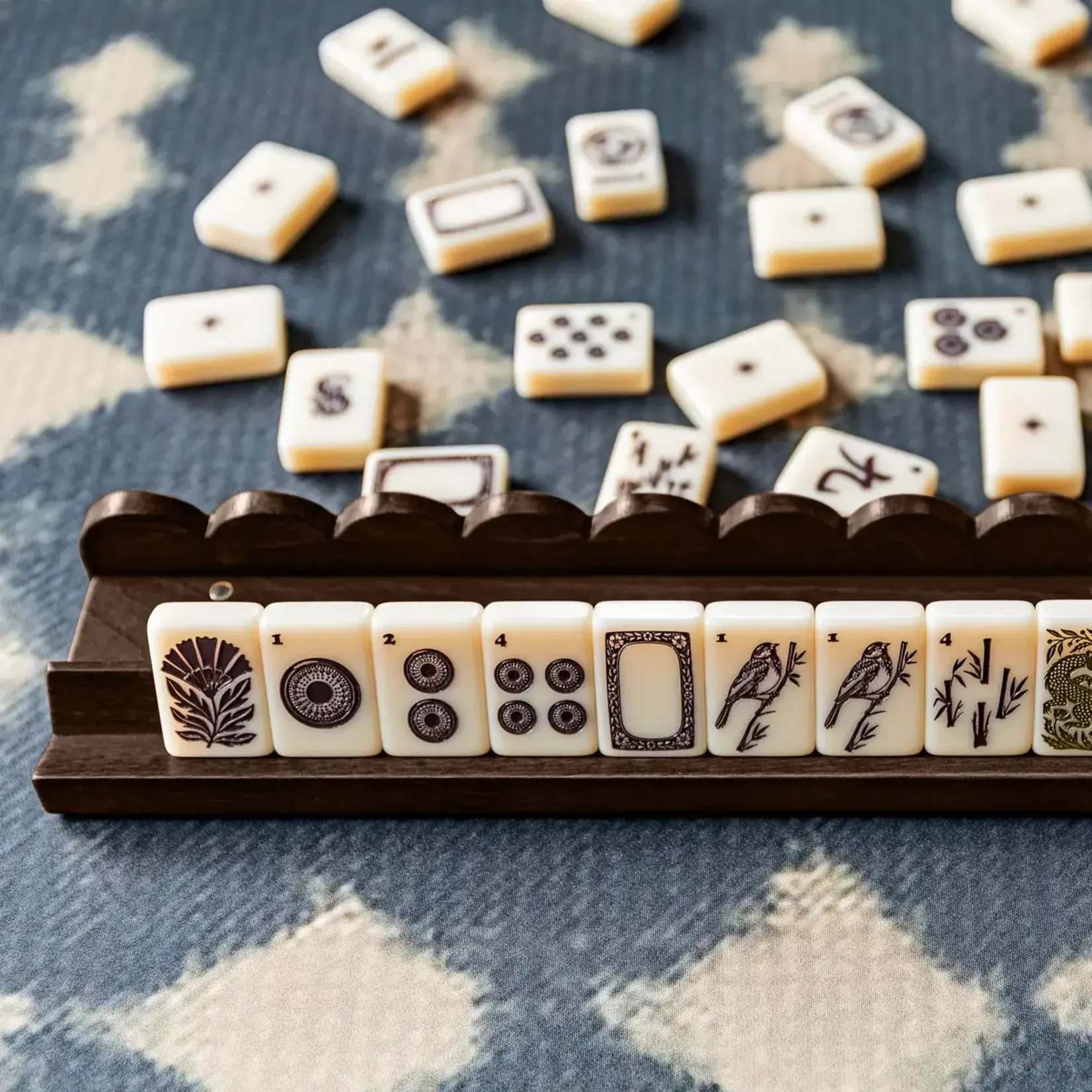 Haus of Tiles Walnut Scalloped Mahjong Rack Set