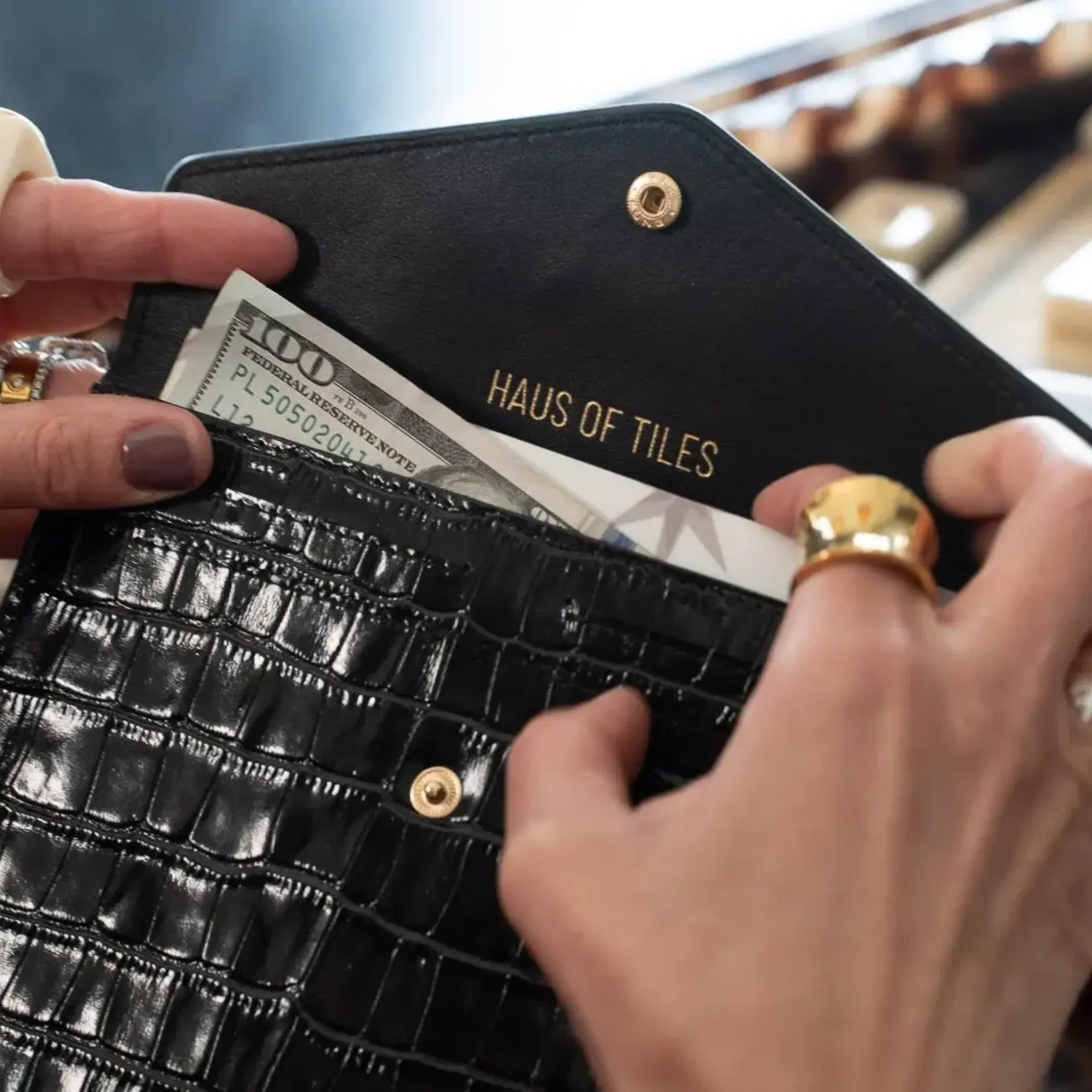 Haus of Tiles Black Genuine Croc-Embossed Leather Mahjong Card Clutch