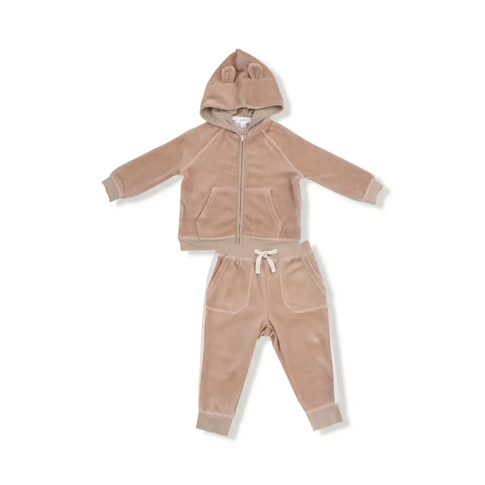 Angel Dear Velour Teddy Bear - Zip Bear Ear Hoodie + Varsity Stripe  Jogger Set
