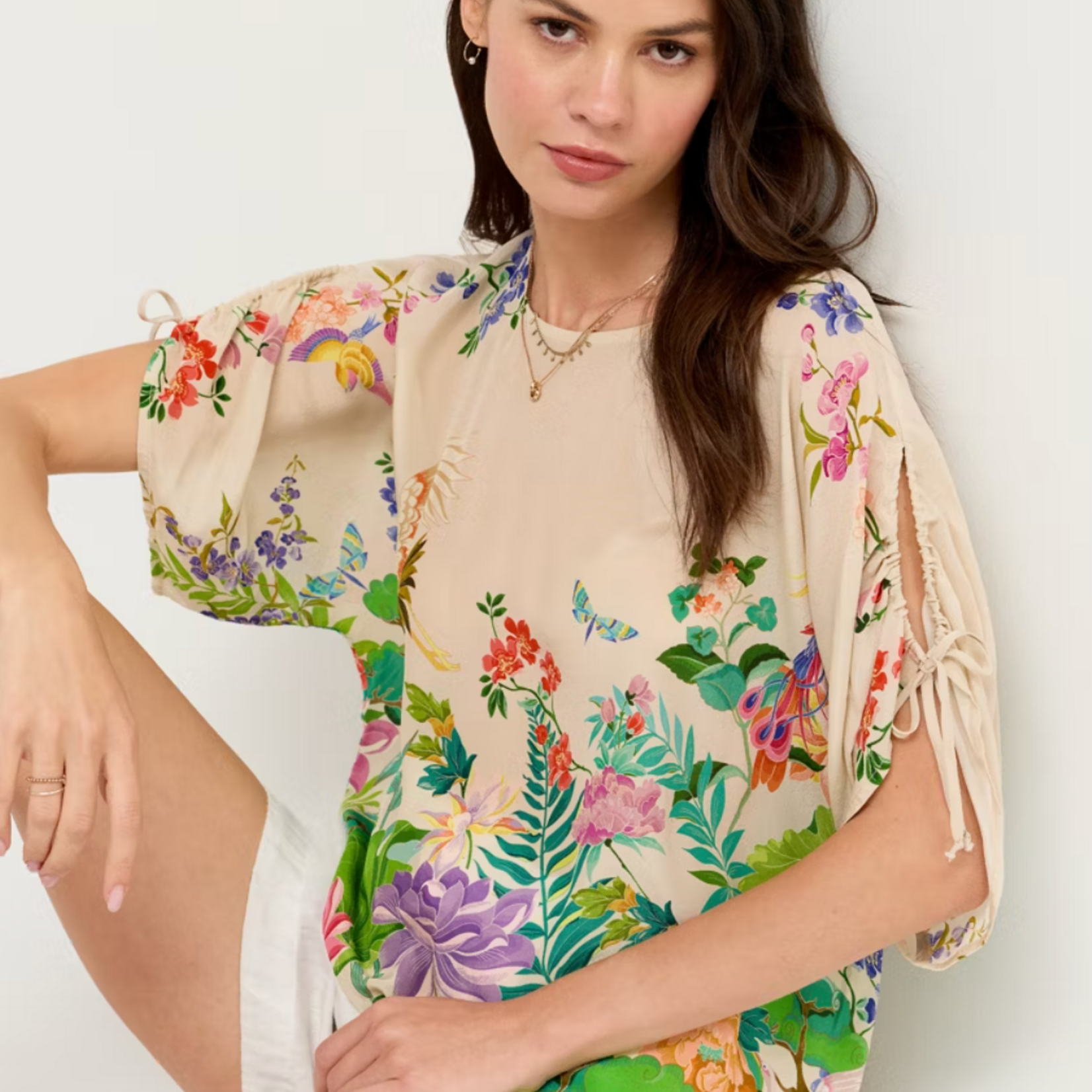 Johnny Was Thoria Bluet Drawcord Sleeve Blouse